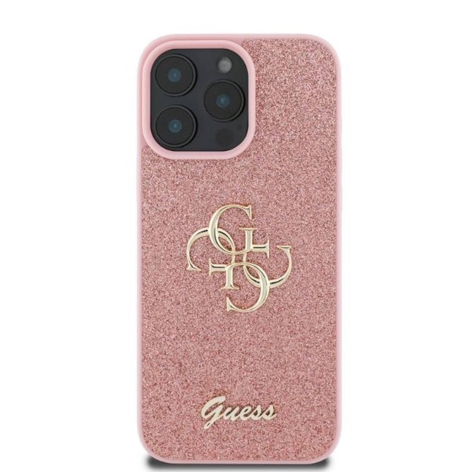 Rosa Glitzer-Handyhülle mit goldenem Guess-Logo. Weißer Hintergrund.
