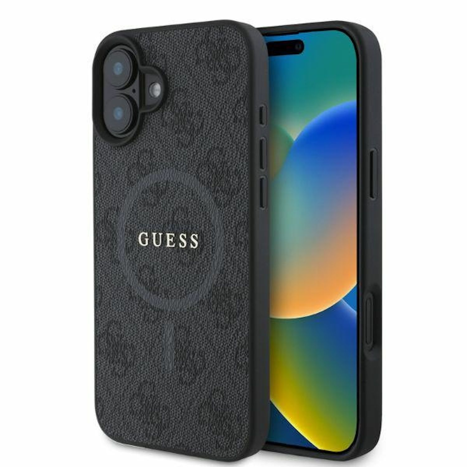 Custodia per telefono nera con logo GUESS. Il telefono è all'interno con schermo giallo e blu.
