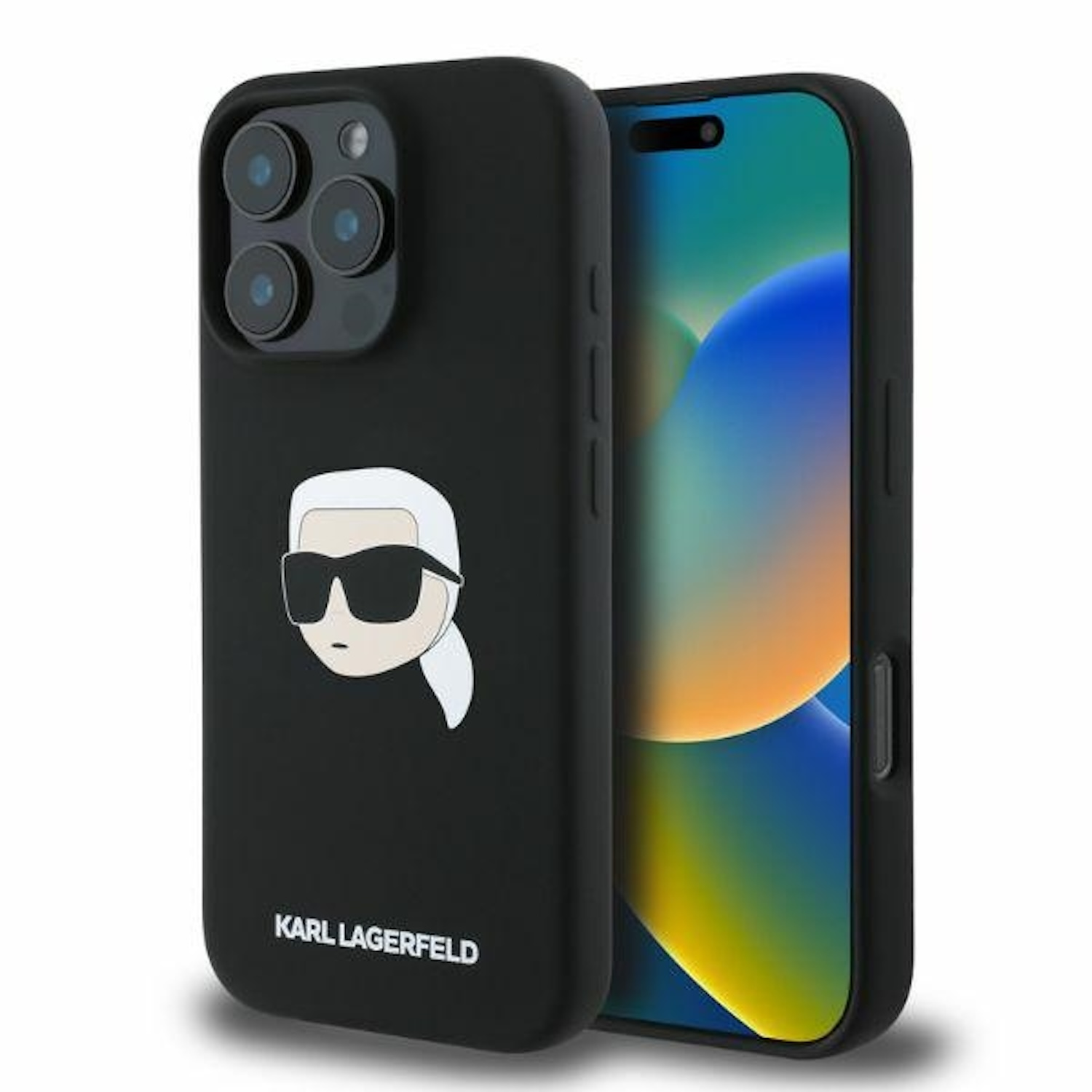 Schwarze iPhone-Hülle mit dem Karl Lagerfeld-Logo und einem Telefon mit blauer Benutzeroberfläche.
