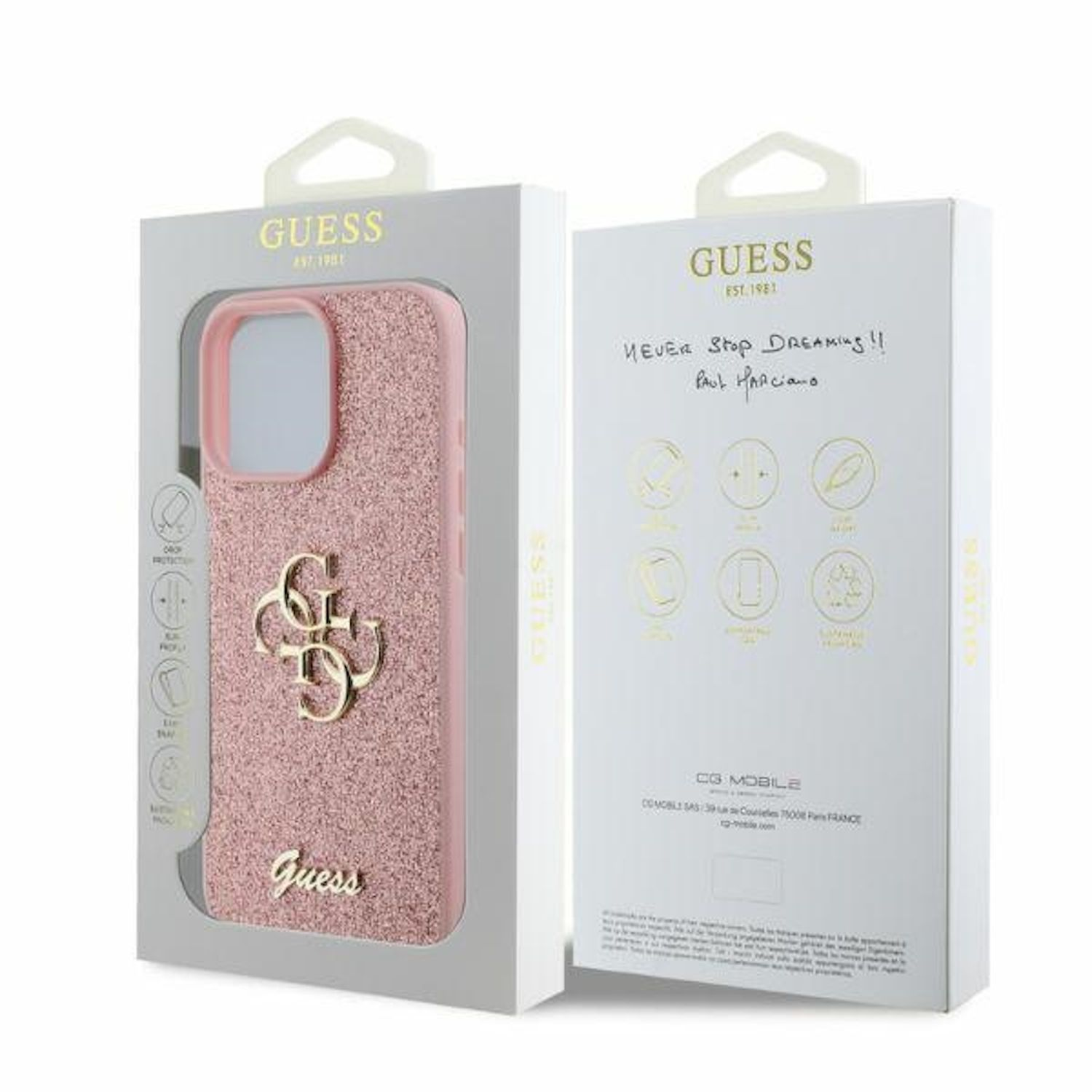 Rosafarbene Glitzer-Guess-Handyhülle in Box mit Notizen. Box sagt Guess Est. 1981.