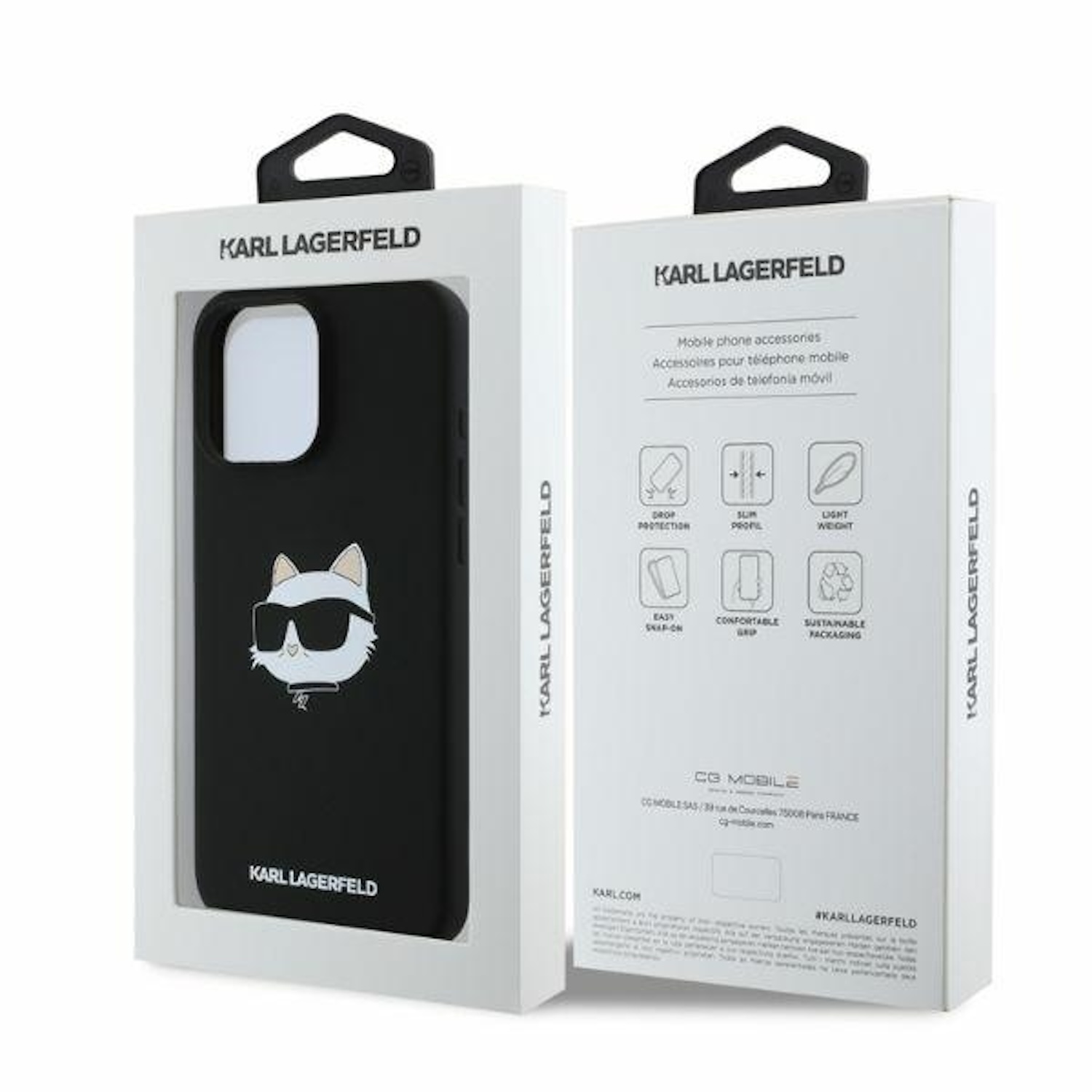 Scatola bianca con custodia per telefono Karl Lagerfeld. La custodia nera ha un logo. La scatola ha testo e sfondo bianco.