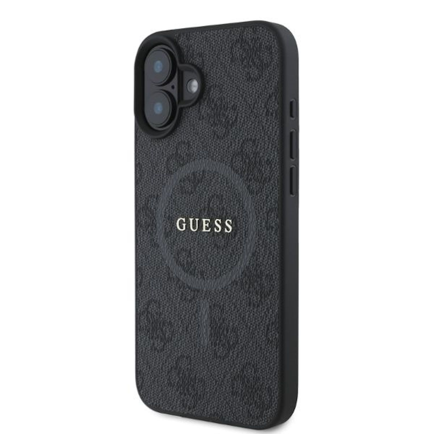 Custodia per telefono Guess nera, in rilievo con il motivo del logo Guess. La custodia ha un ritaglio per la fotocamera e il logo Guess.