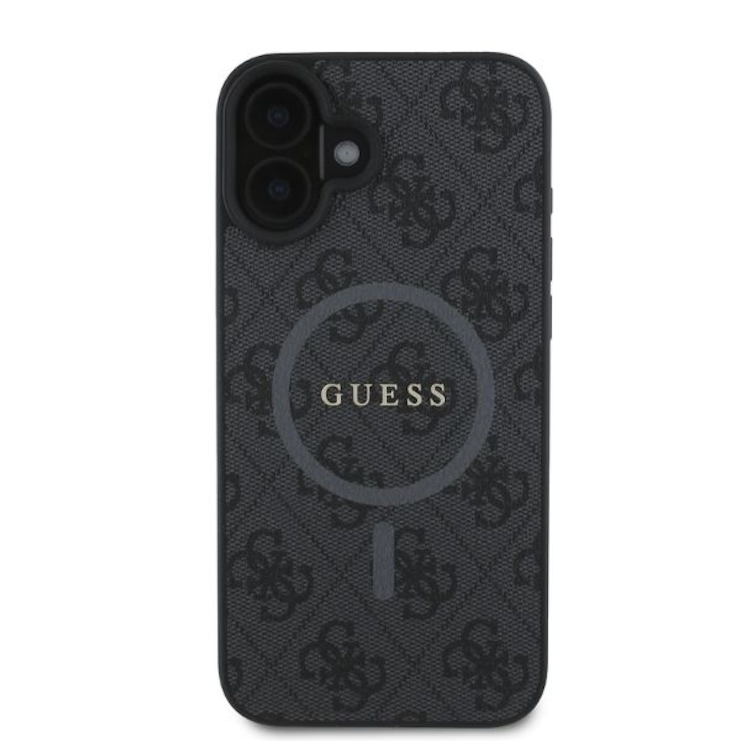 Custodia per telefono Guess nera con un design a fantasia e il logo Guess al centro.