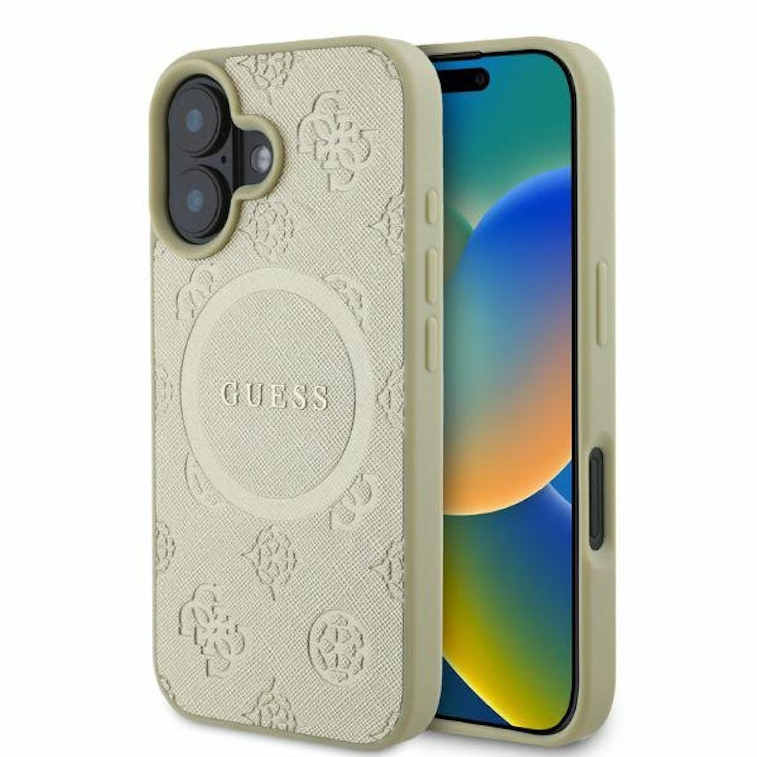 Una custodia beige per telefono con un telefono all'interno su sfondo bianco.
