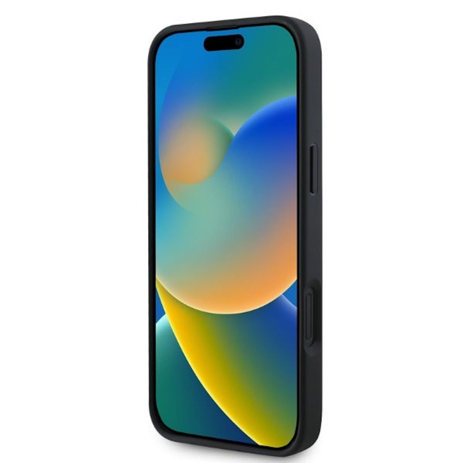 iPhone nero in una custodia. Sfondo blu e giallo. Cornice nera. Sfondo bianco. Telefono.