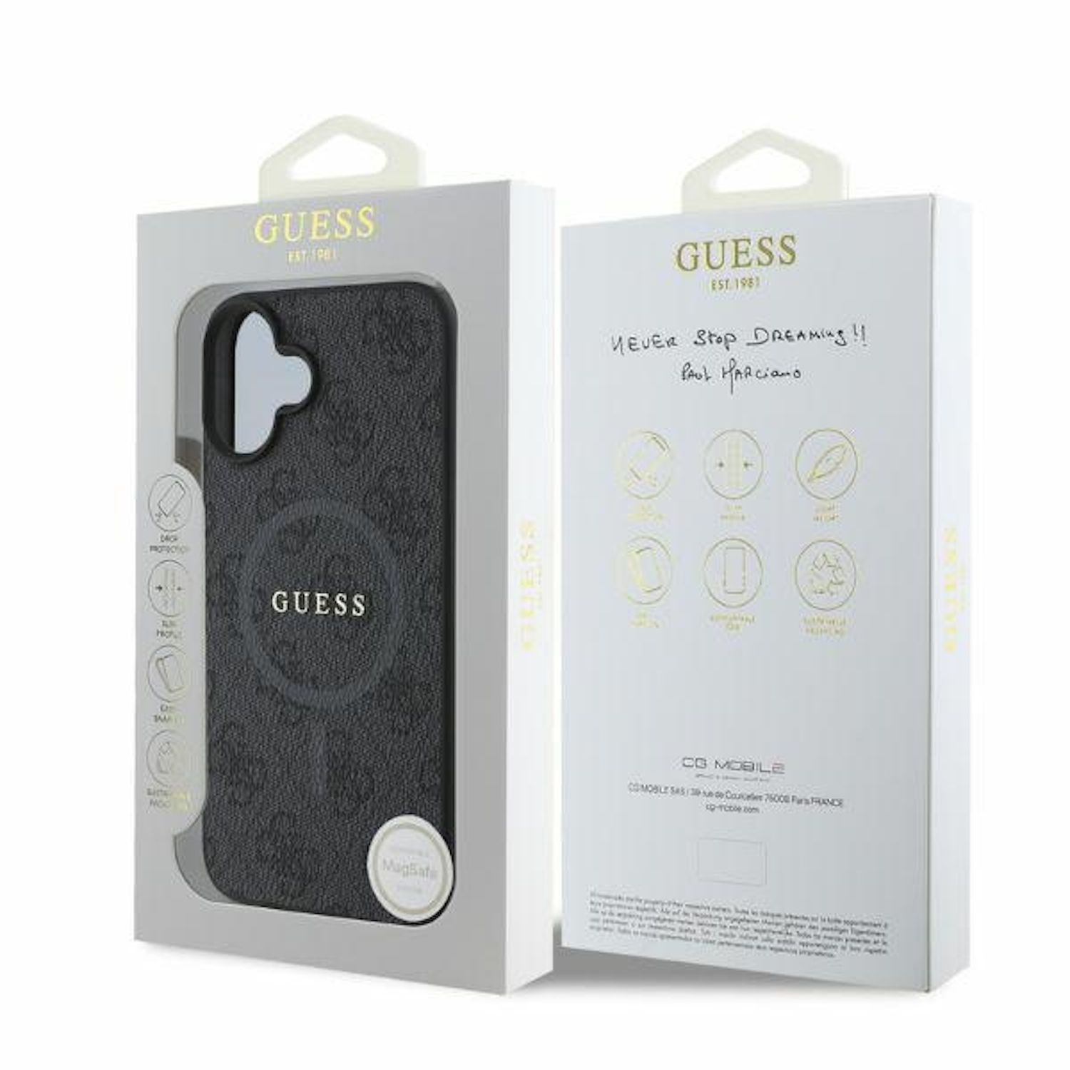 Custodia nera Guess in confezione con testo e logo.