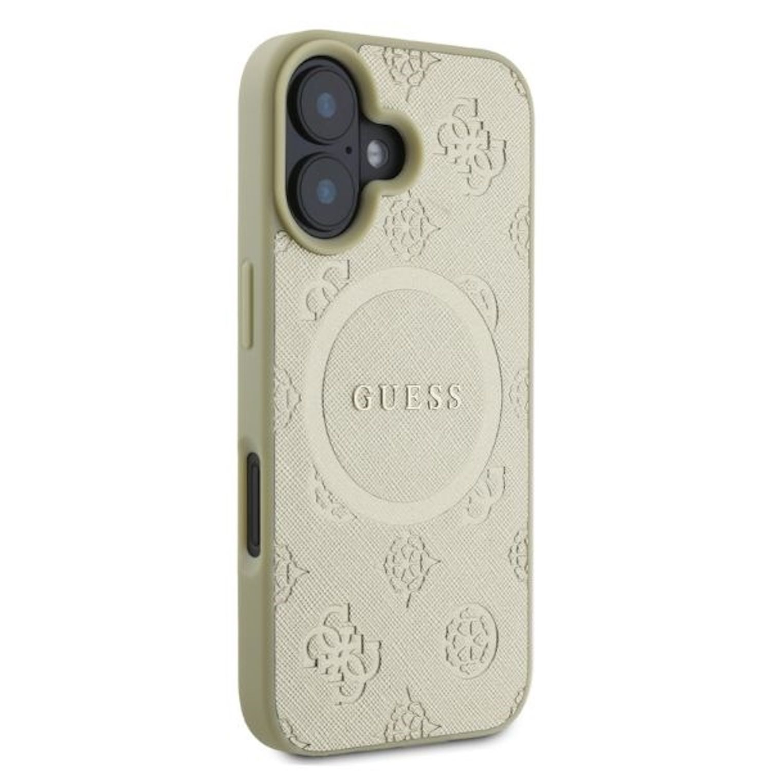 Una custodia per telefono verde chiaro con il logo Guess. Ha un motivo strutturato e il nome Guess.