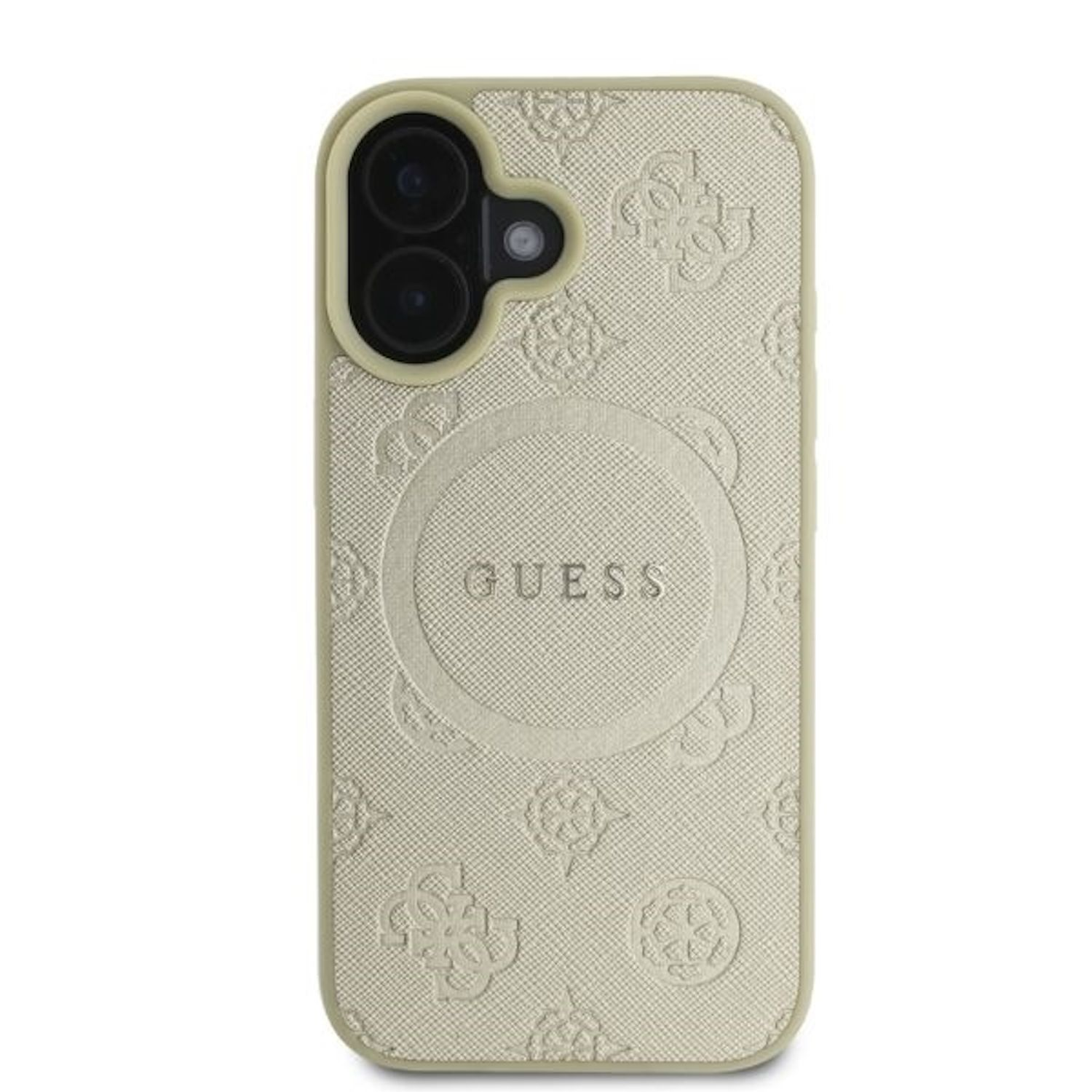 Una custodia per telefono Guess beige chiaro con un motivo decorativo. La custodia ha un ritaglio per la fotocamera e un cerchio di ricarica.