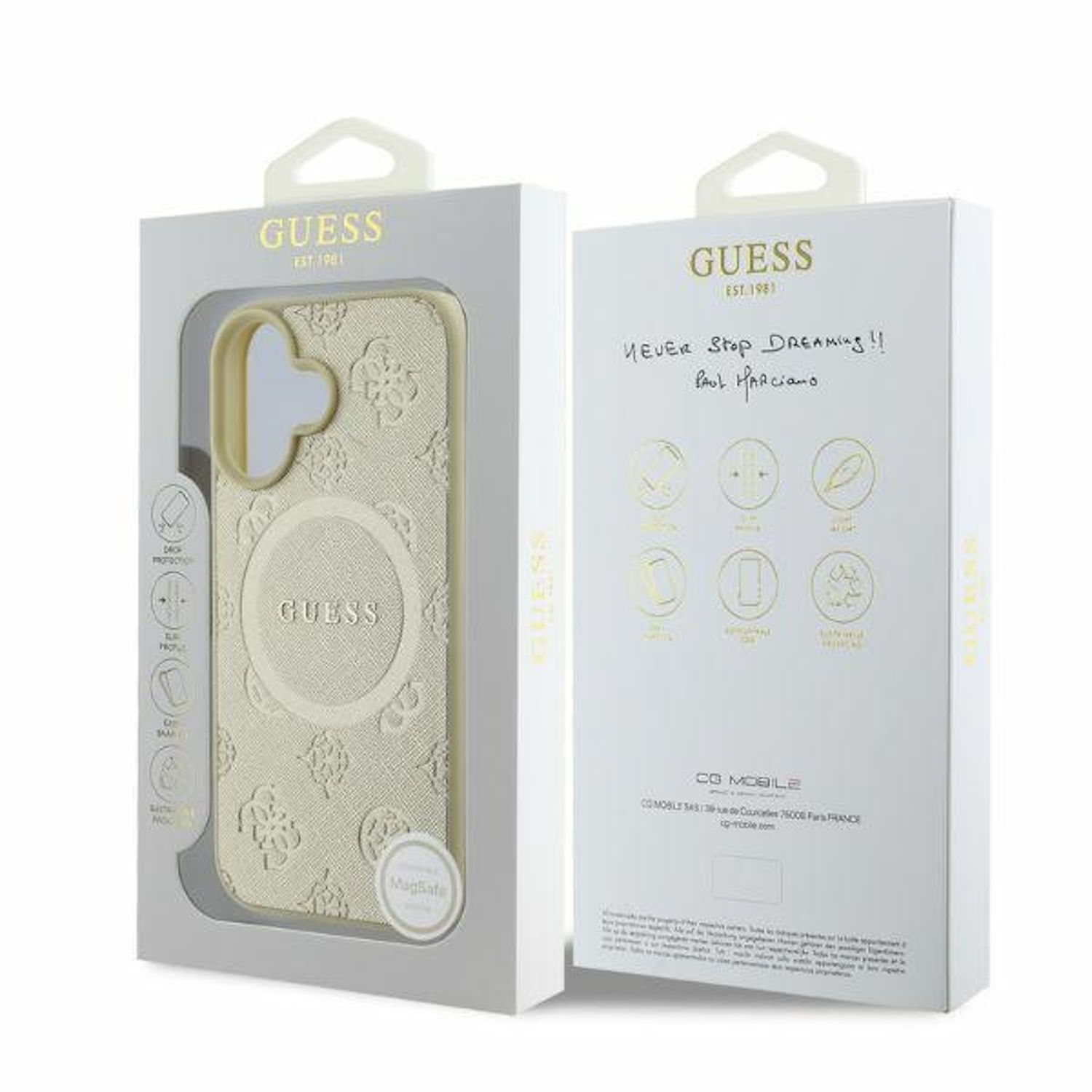 Una scatola bianca e dorata per custodia del telefono con il logo GUESS e una nota scritta a mano, su sfondo bianco.