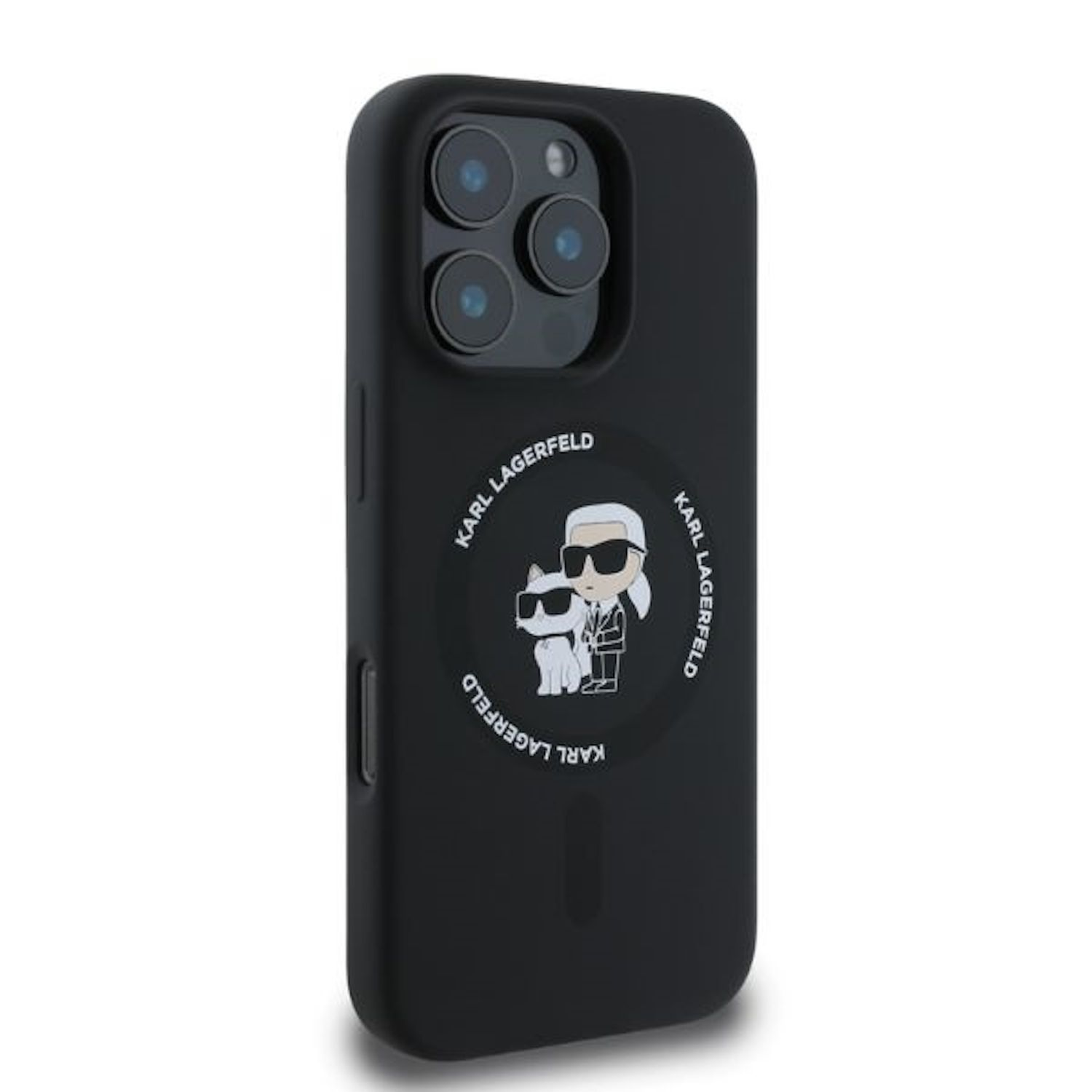 Funda de teléfono negra con diseño de Karl Lagerfeld. Incluye gráfico de Karl y gato.