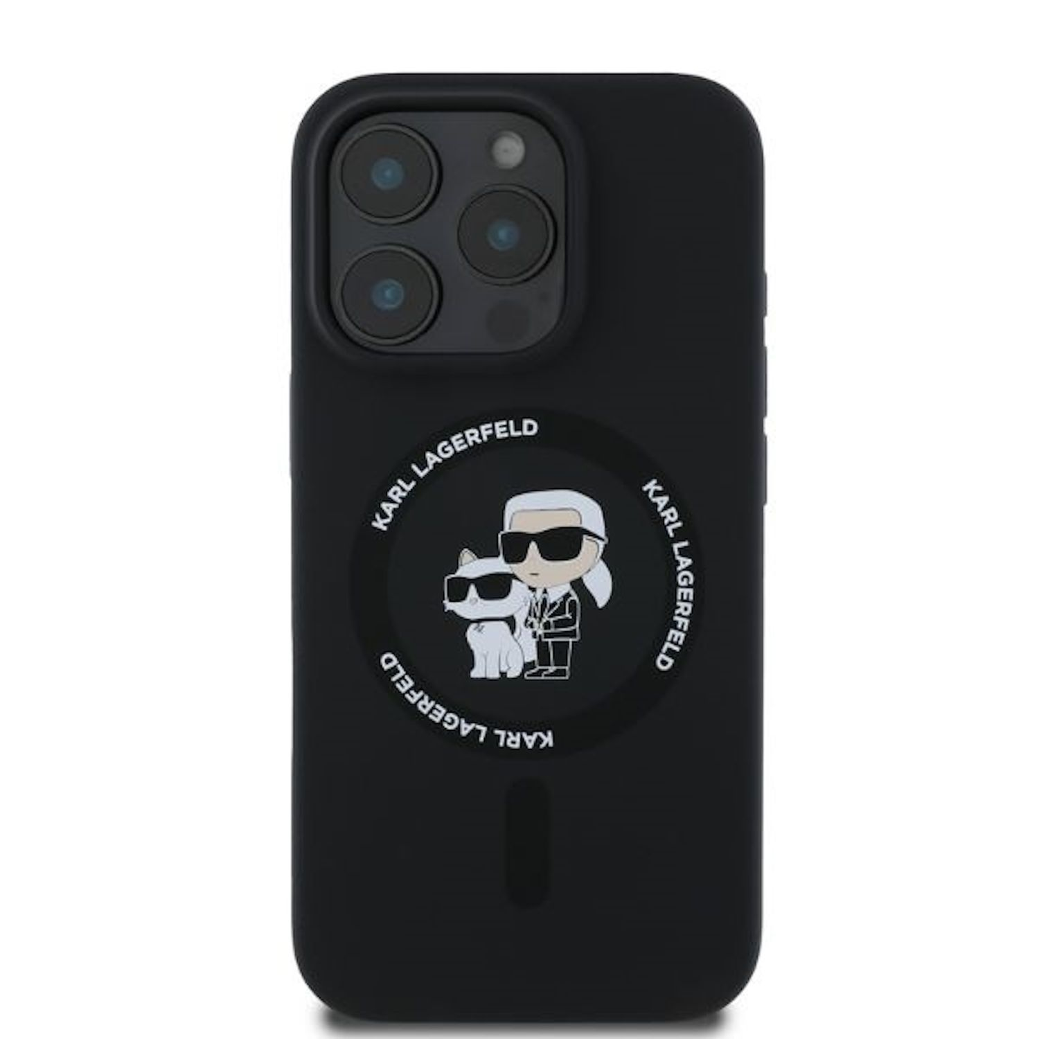 Una funda de teléfono negra con un diseño de Karl Lagerfeld.