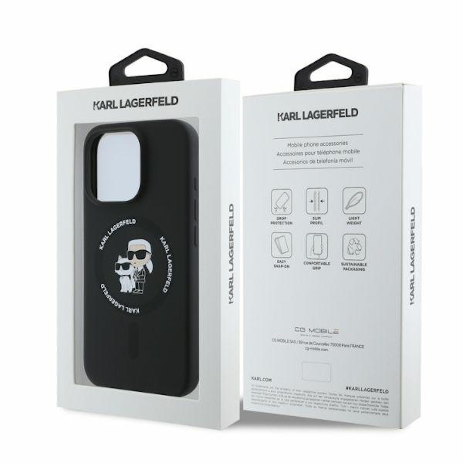 Funda de teléfono negra con detalles blancos y diseño Karl Lagerfeld.