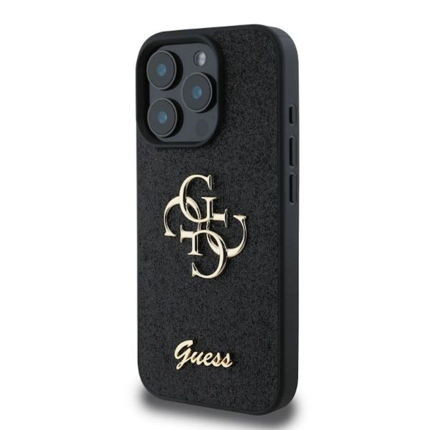 Custodia per telefono nera con logo GUESS dorato e motivo floreale.