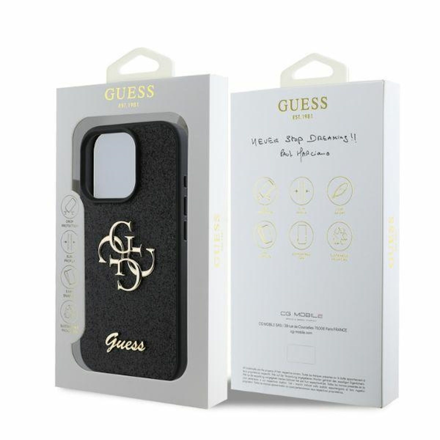 Schwarze Handyhülle in einer GUESS-Box mit handschriftlicher Notiz.
