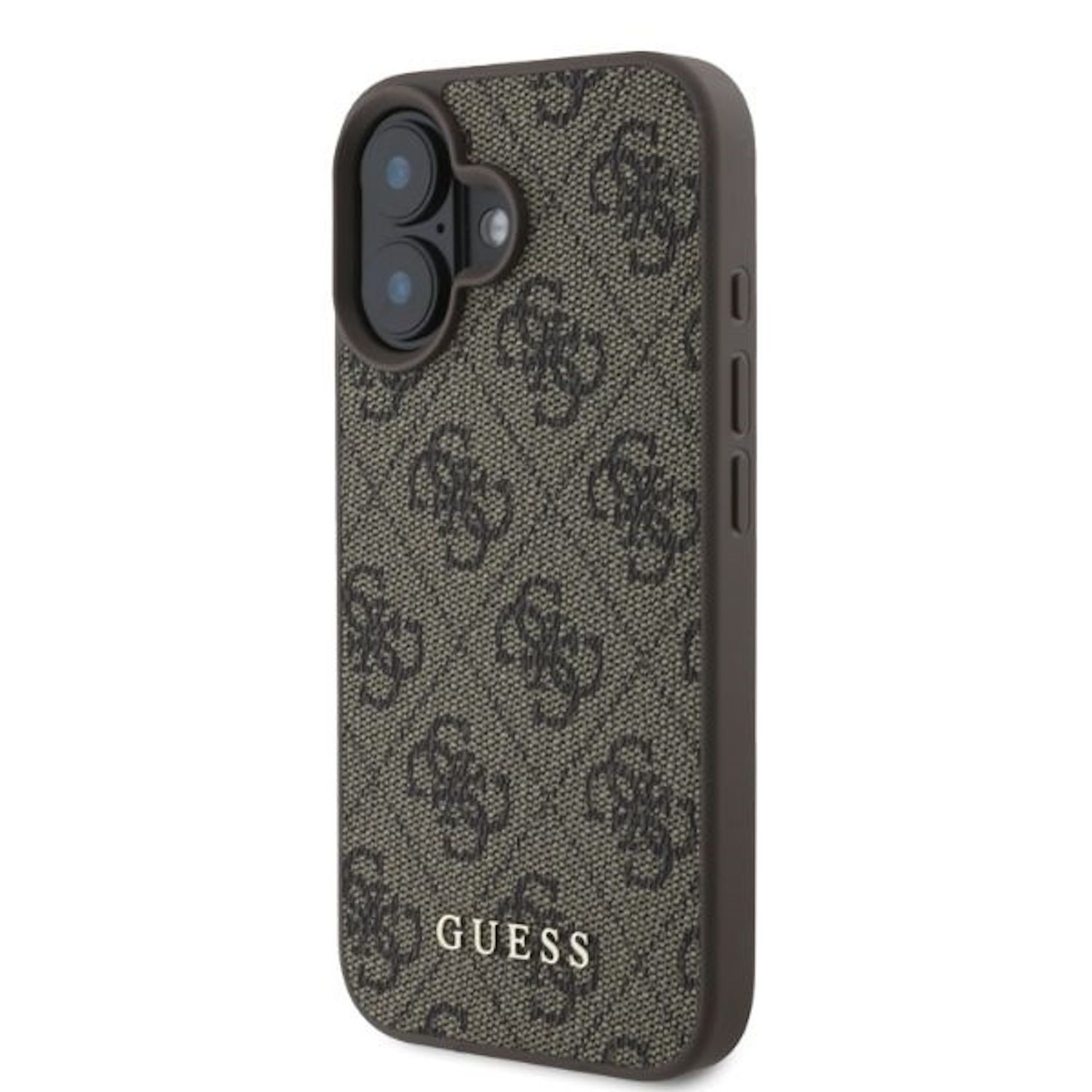 Custodia per telefono con design a fantasia e logo Guess. Bordo marrone.