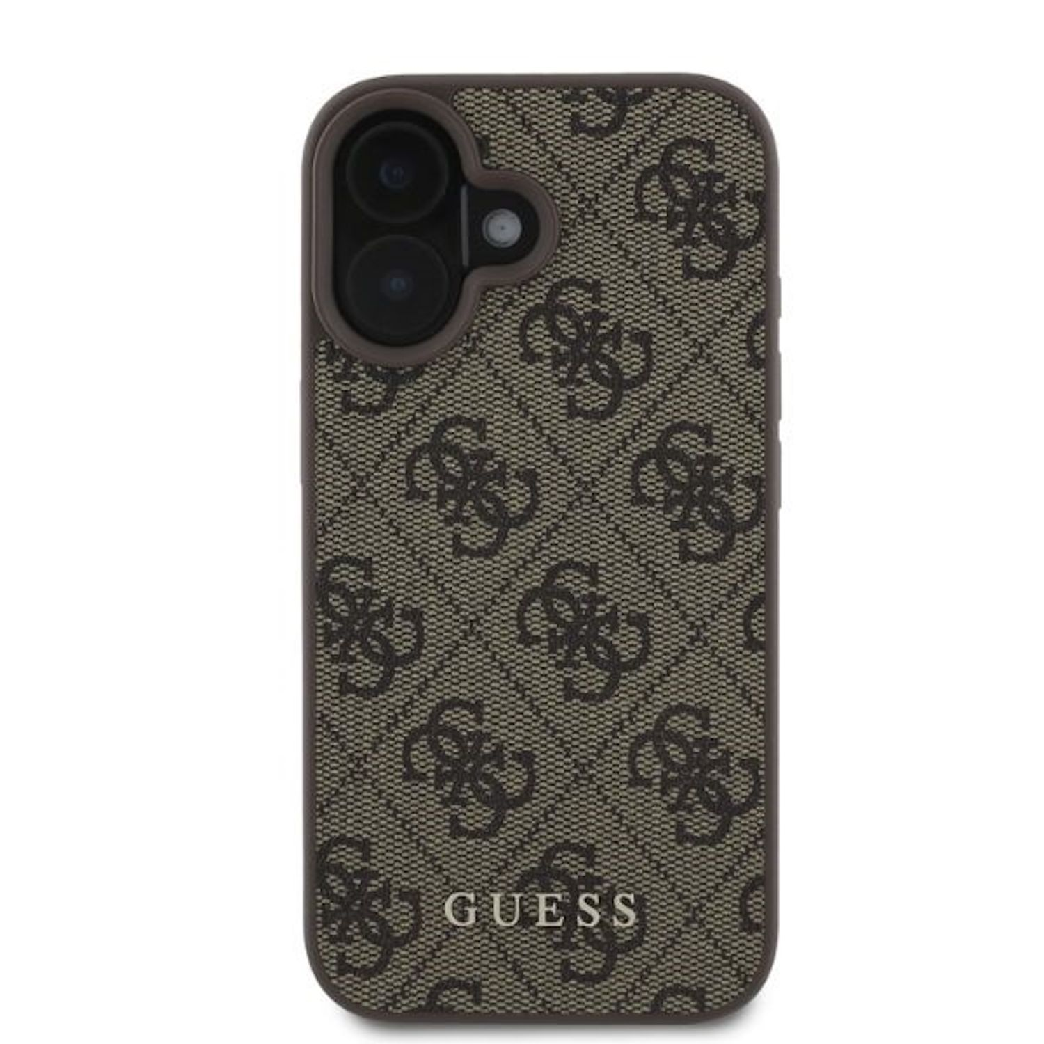Custodia marrone Guess con motivo logo ripetuto, progettata per smartphone.