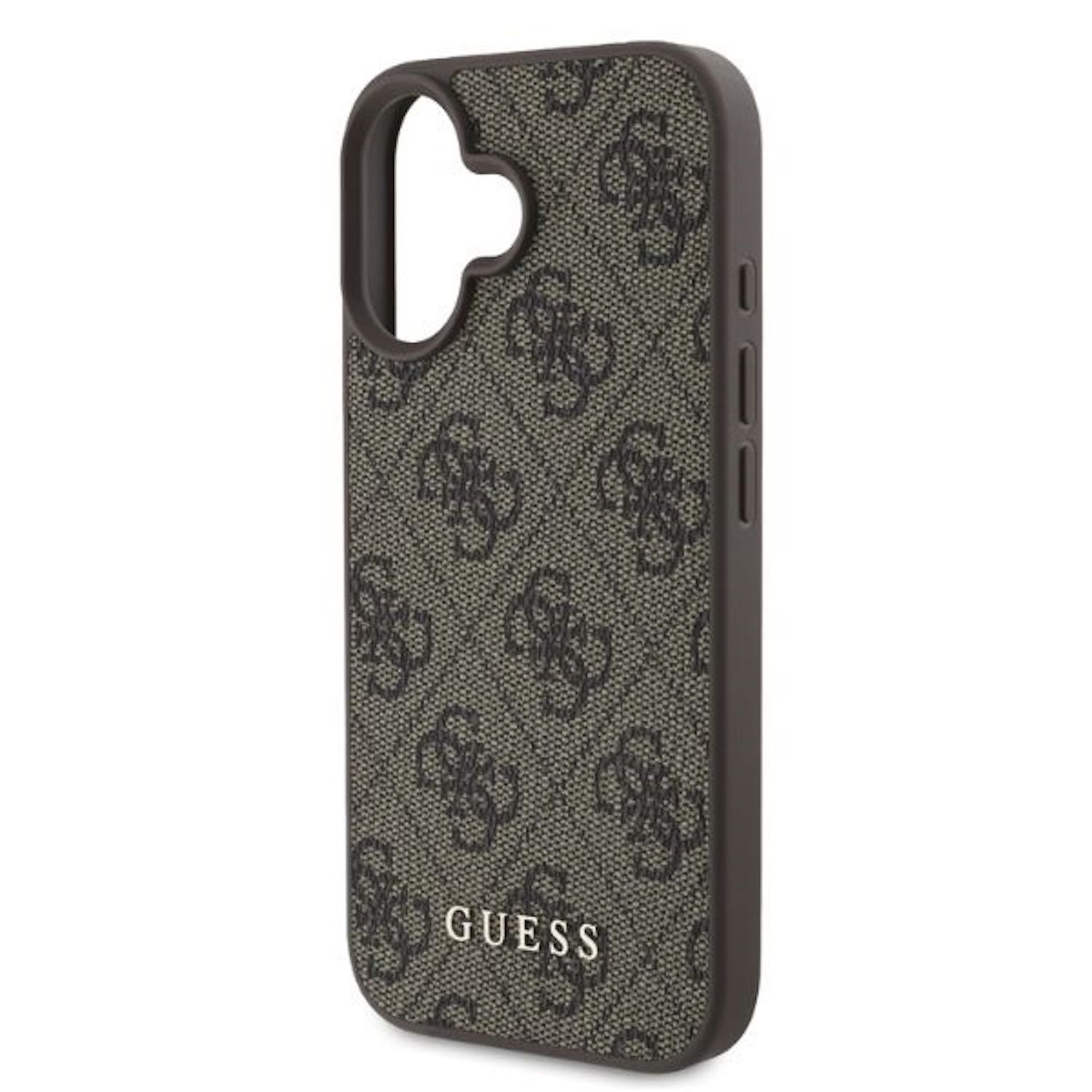 Custodia per telefono con motivo logo Guess, bordo marrone scuro, su bianco.