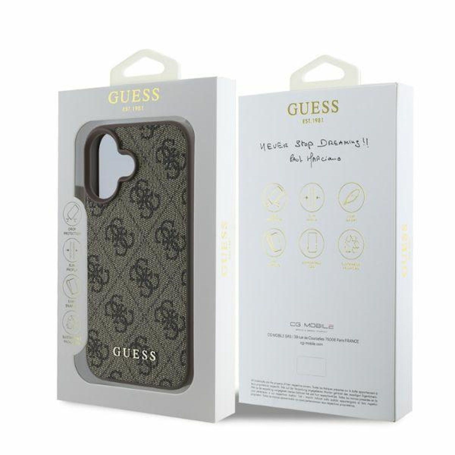 Custodia per telefono in una scatola. La custodia ha un motivo con logo Guess nei toni del marrone.