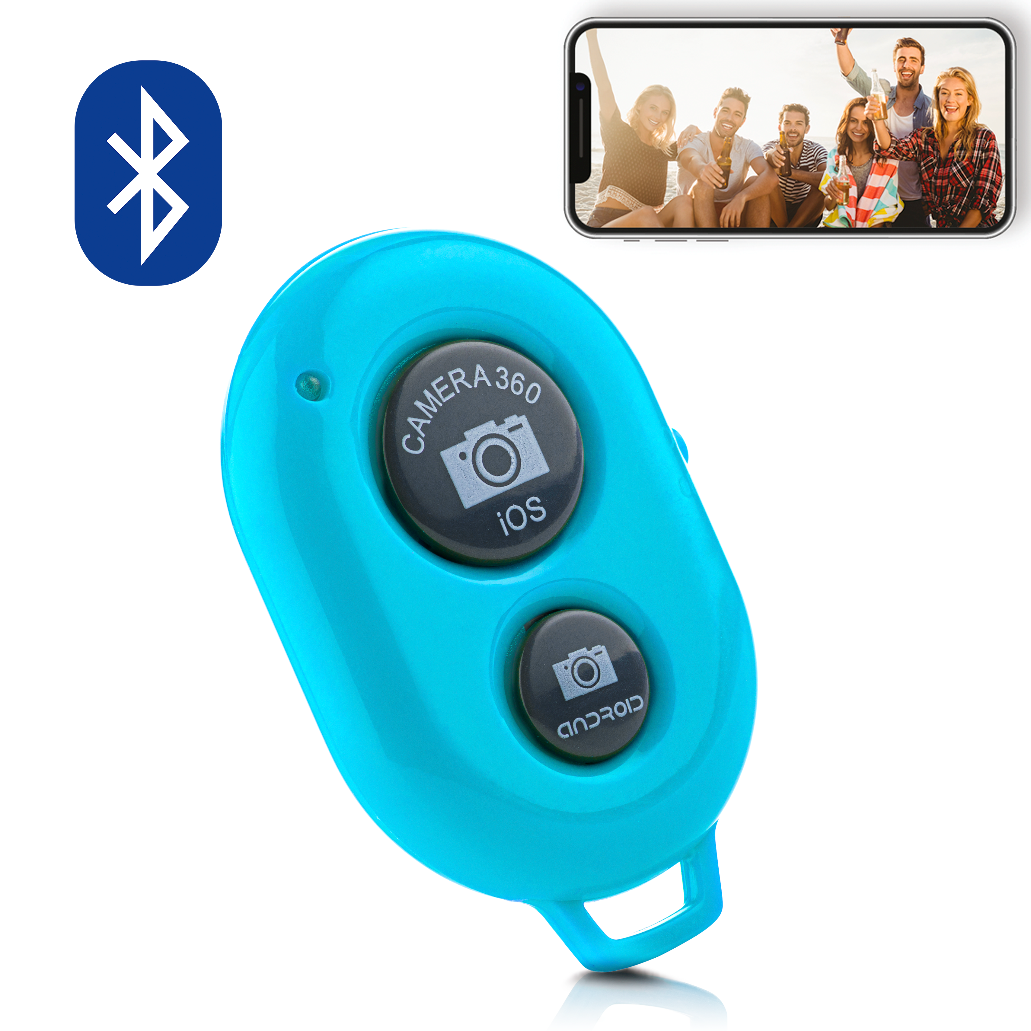 Blaue Fernbedienung mit zwei Knöpfen. Ein Bild eines Telefonbildschirms mit einer Gruppe von Personen.
