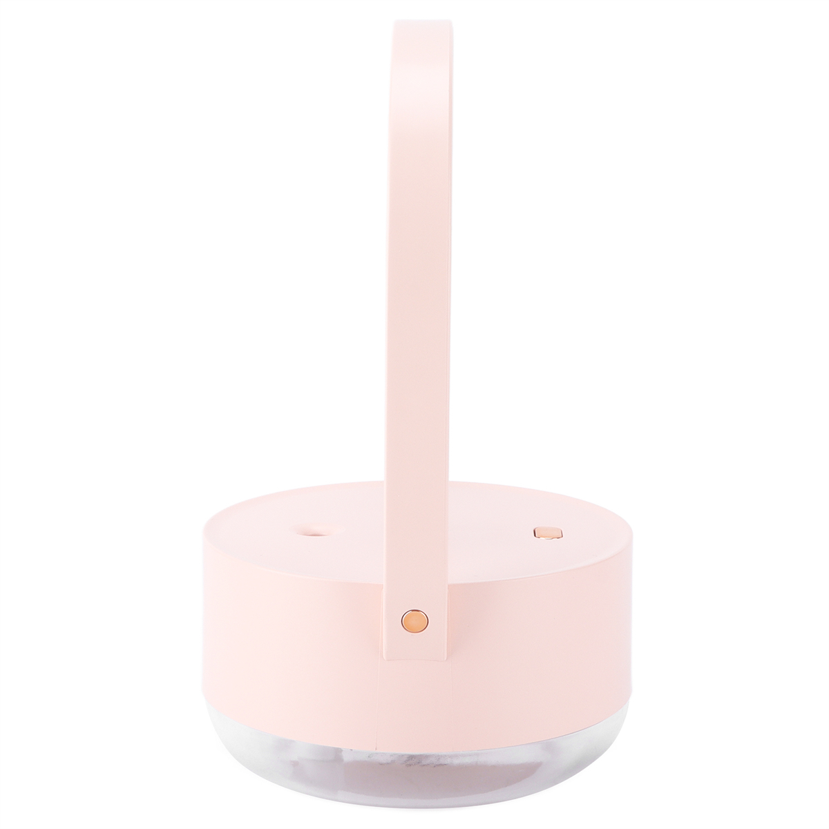 Rosa-weiße Lampe mit Griff. Sie hat einen runden Sockel und einen aufrechten Griff.