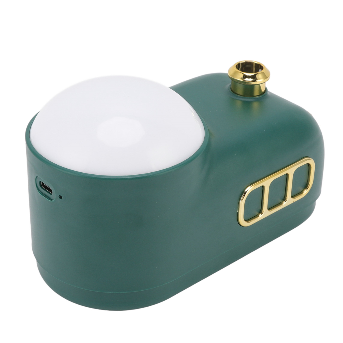 Dunkelgrüne Lampe mit weißem Oberlicht und goldenen Akzenten, ein USB-Anschluss ist sichtbar.
