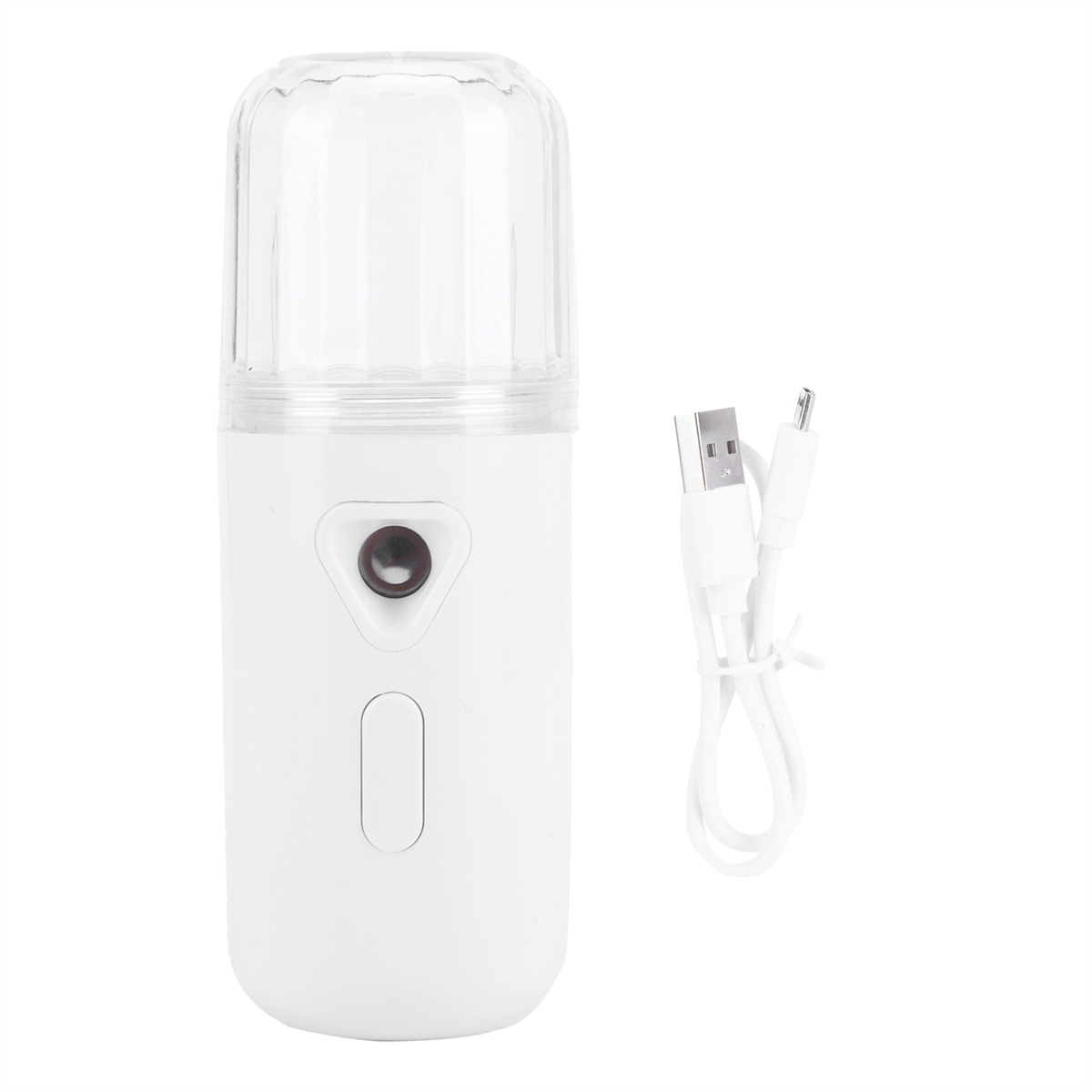 Weißer Gesichtsvernebler und USB-Kabel. Transparenter oberer Deckel und runder Knopf. Weißer Hintergrund.