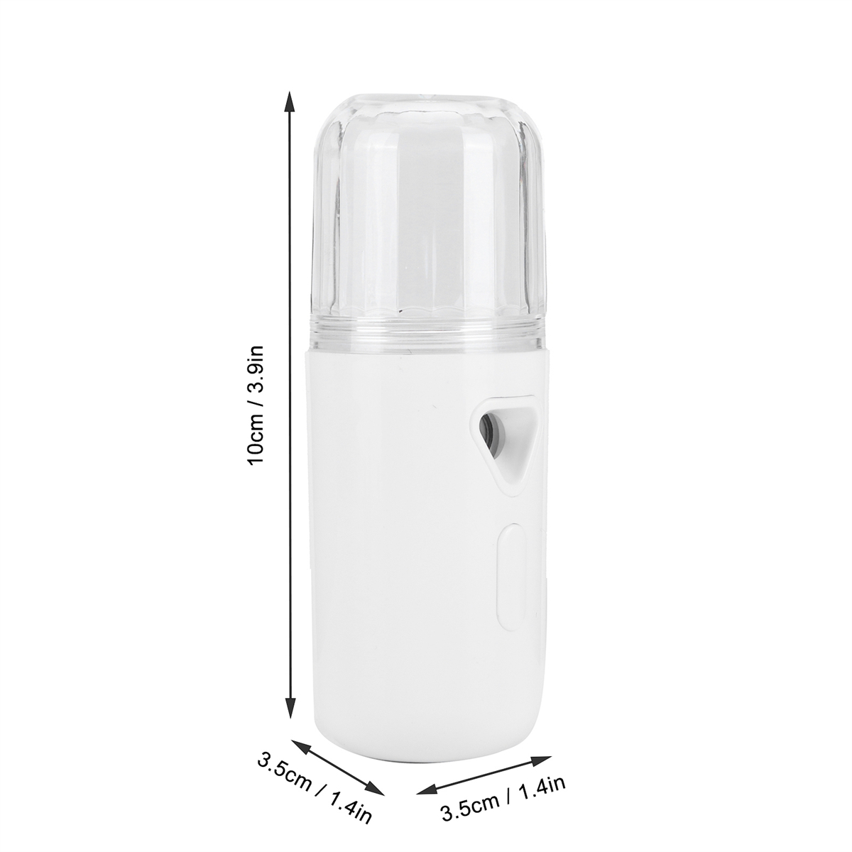 Ein weißer, tragbarer Nano-Gesichtssprüher mit transparentem Deckel. Er hat Messungen und Abmessungen an der Seite.