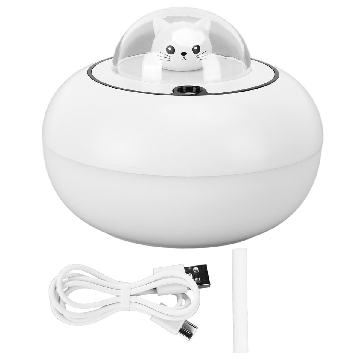 Weißer Luftbefeuchter mit einer Katze oben drauf. Klare Kuppel. Weißes USB-Kabel und ein Stab.