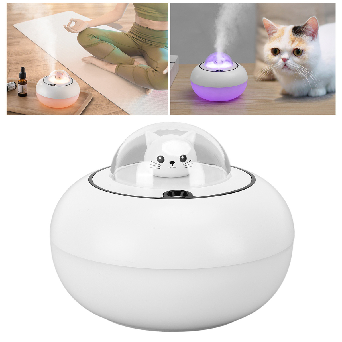 Weißer katzenförmiger Luftbefeuchter, mit Katze und Yoga Bild.