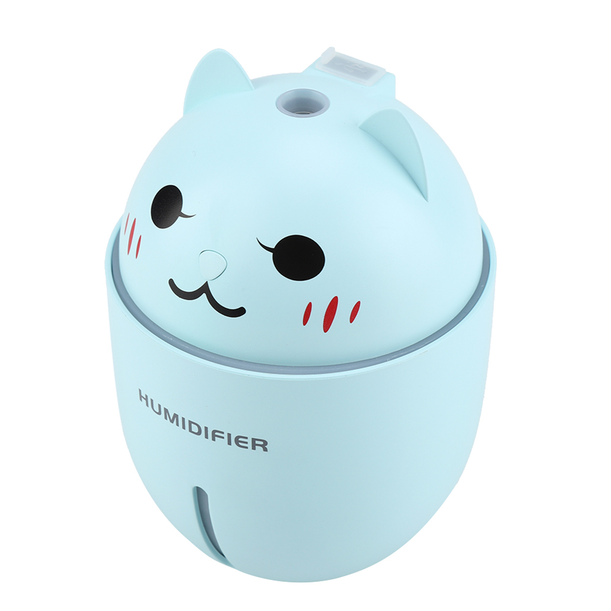 Blauer, katzenförmiger Luftbefeuchter. Oben befindet sich ein Katzenkopf, darauf steht 'HUMIDIFIER'.