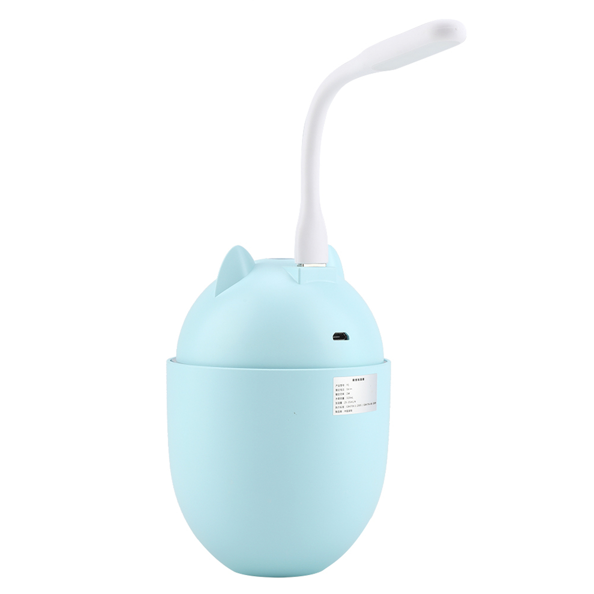 Blaue katzenförmige Schreibtischlampe mit flexiblem Hals und USB-Anschluss.