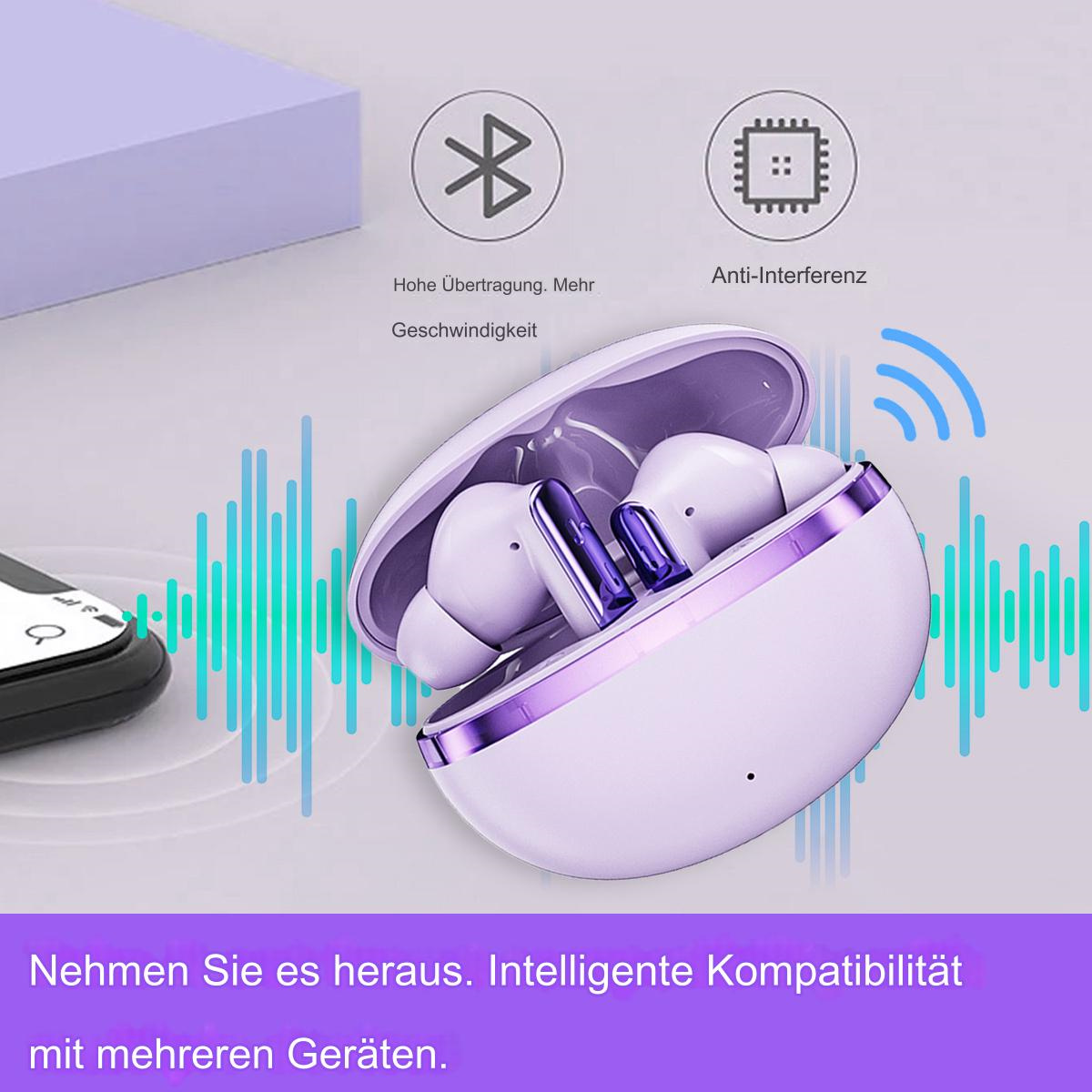 Ein Paar weiße kabellose Ohrhörer in einem lila Gehäuse. Text: Intelligente Kompatibilität mit mehreren Geräten.