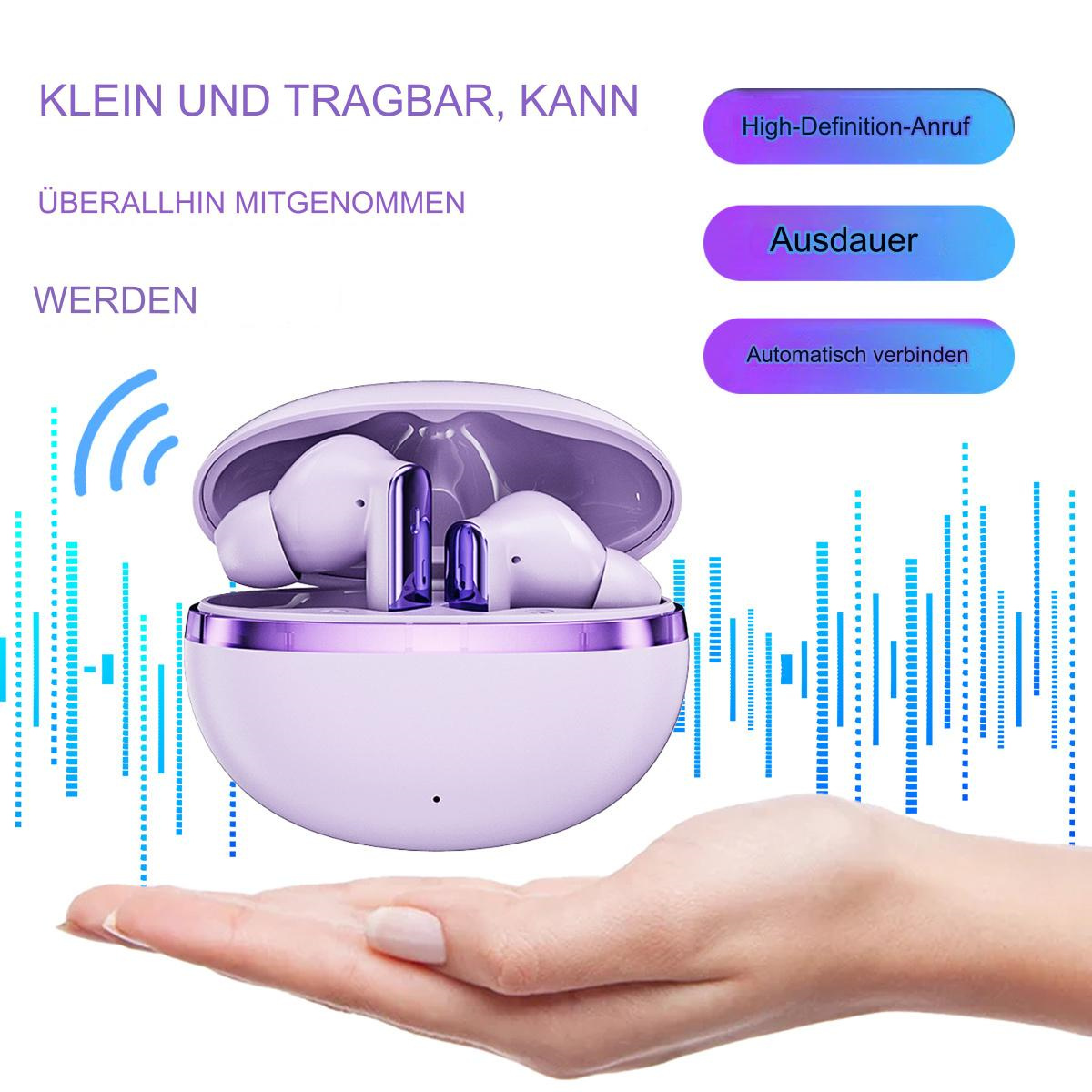 Ohrhörer in einem Ladecase und eine Hand. Der Text lautet: 'Klein und tragbar'.