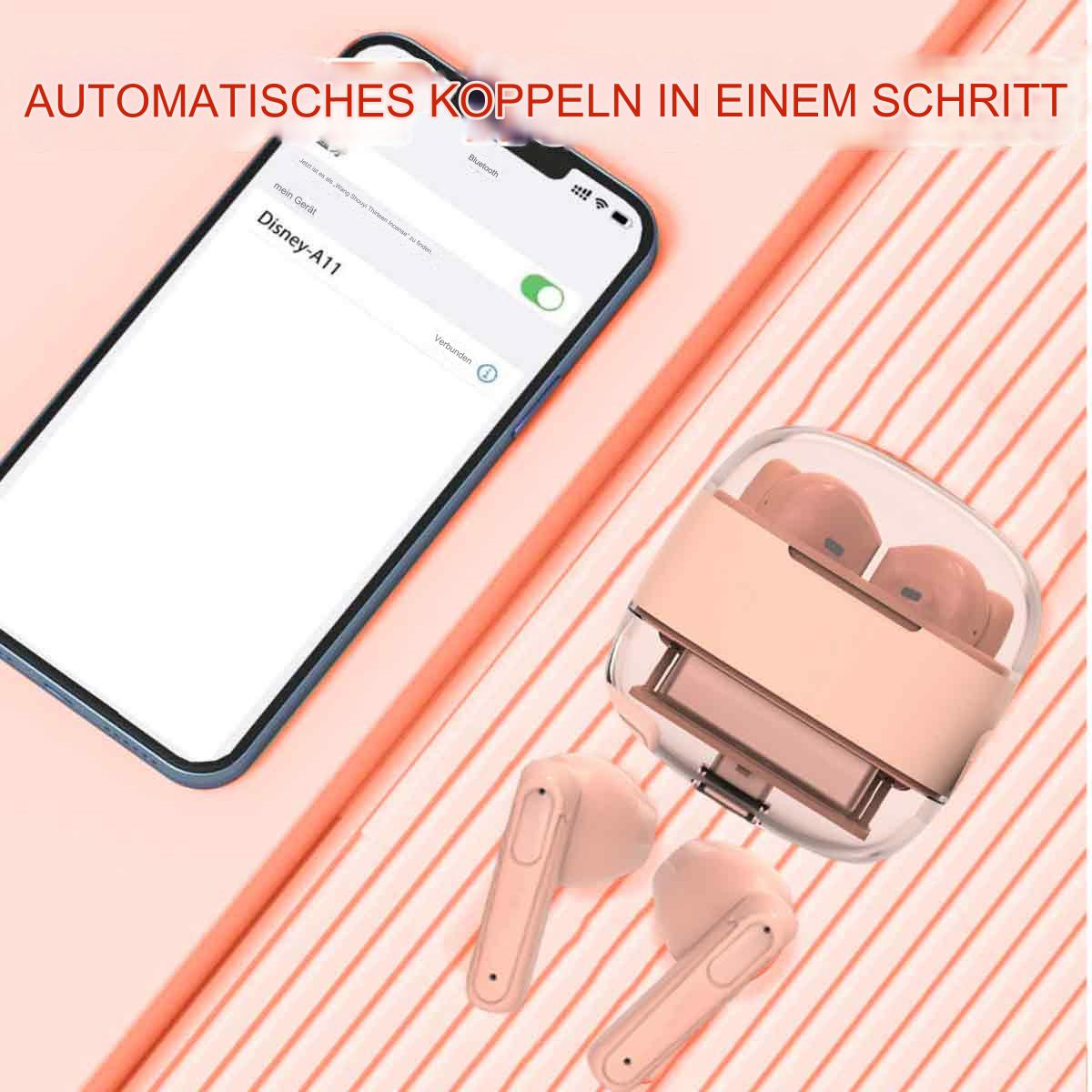 Telefon verbindet sich mit rosa Ohrhörern. Die Ohrhörer befinden sich in einem Etui. Text: 'Automatisches Koppeln'.