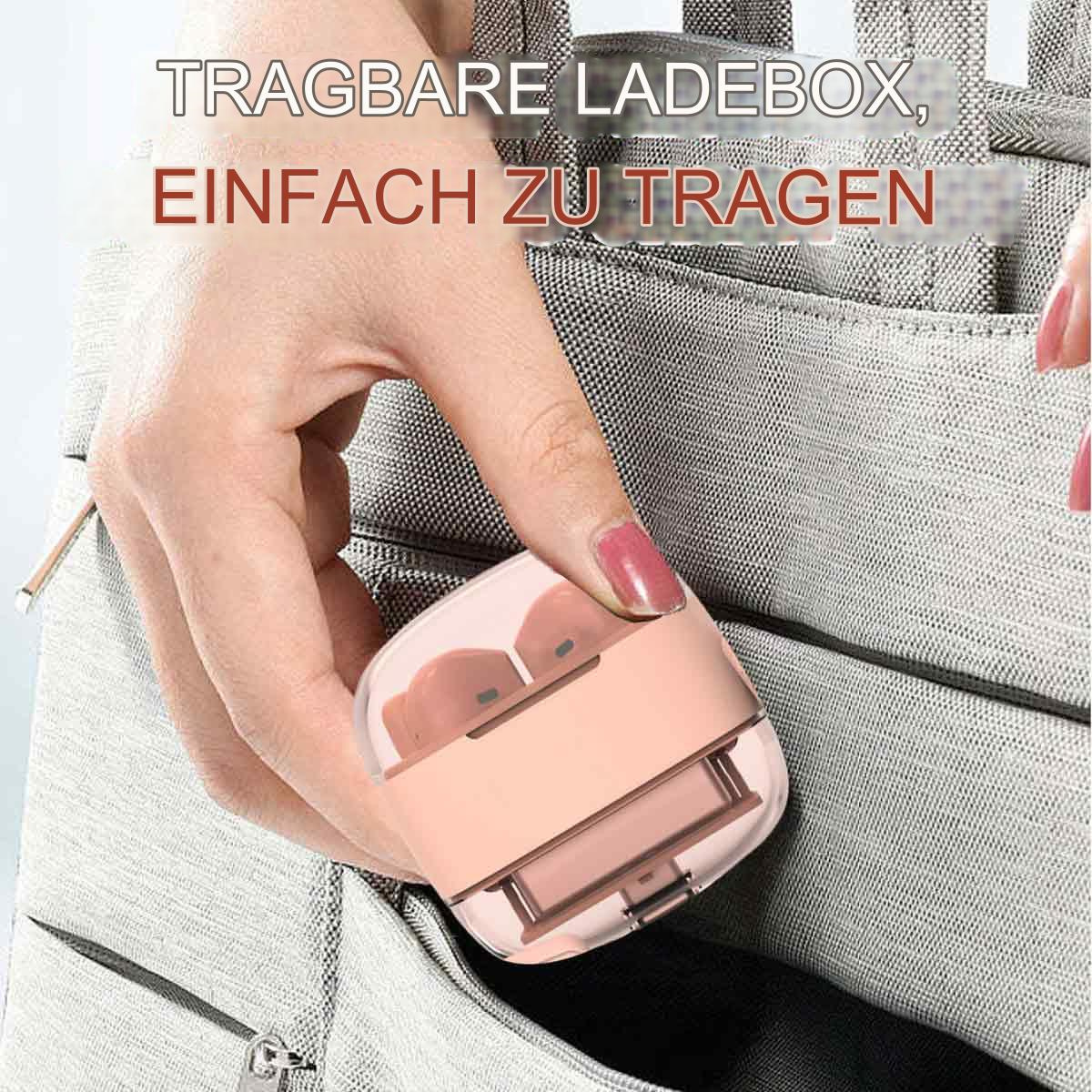 Die Hand einer Person, die ein rosa-weißes Ohrhörer-Ladecase hält, mit dem Text 'Tragbare Ladebox, Einfach zu tragen'.
