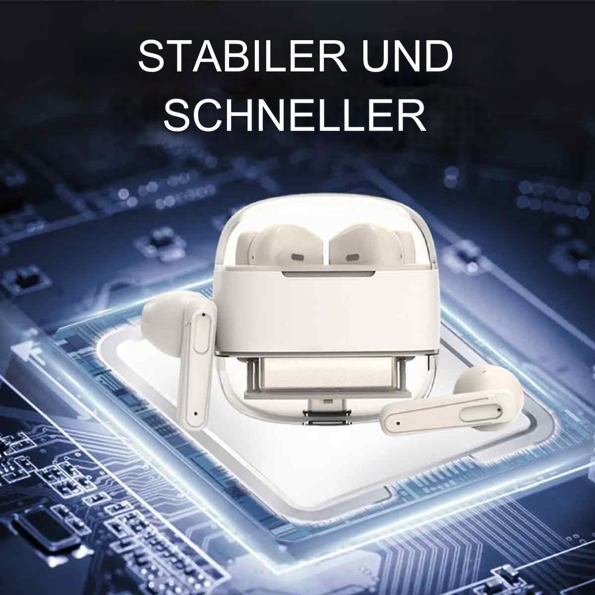 Weiße Ohrhörer in einem Ladekoffer auf einem Hintergrund mit Leiterplatten und Text.