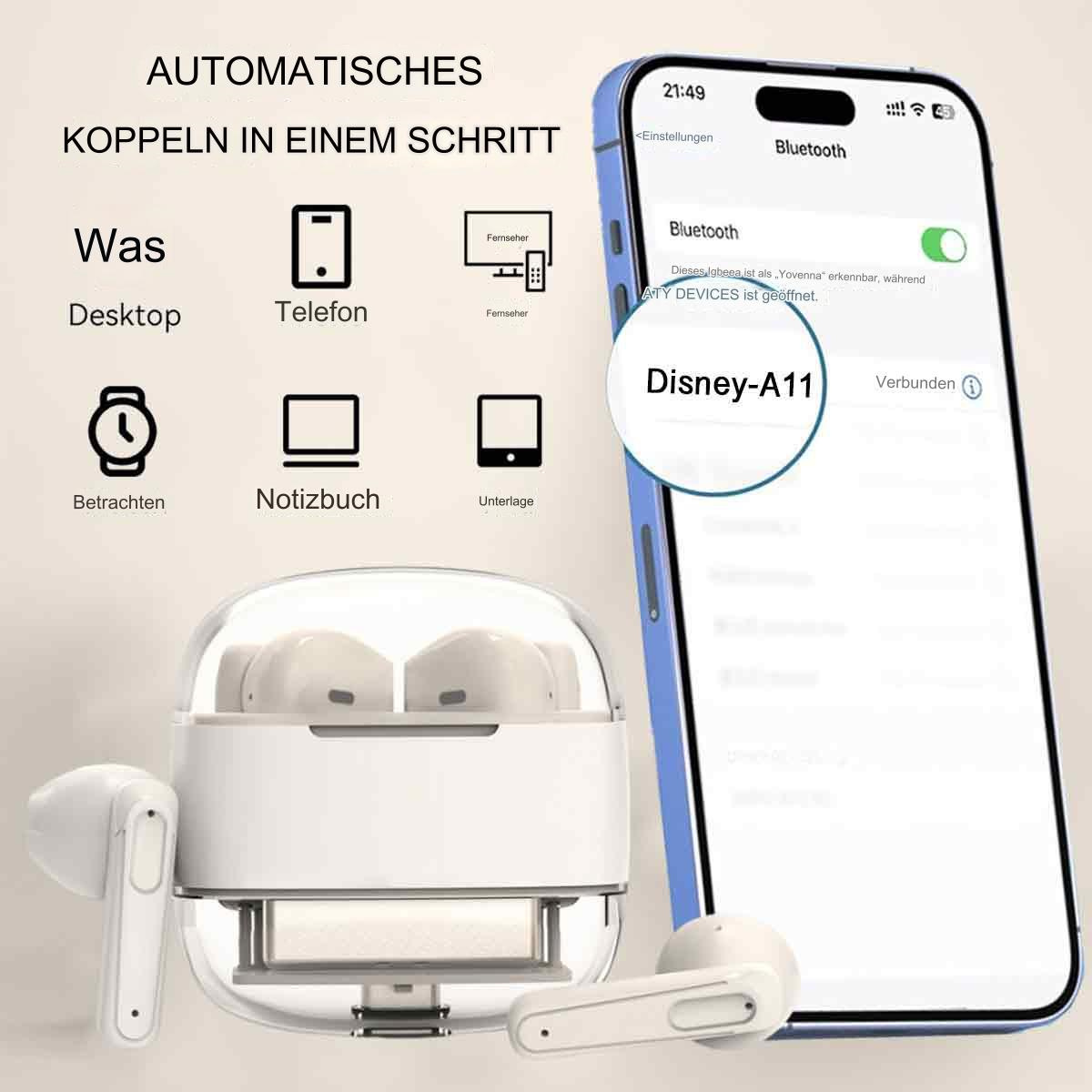 Kabellose Ohrhörer mit Ladecase und einem Telefon, das Bluetooth-Konnektivität anzeigt.