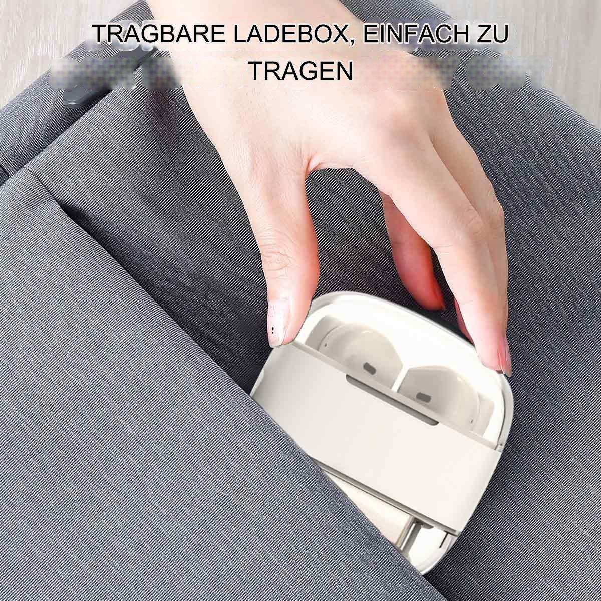 Eine Hand nimmt weiße Ohrhörer aus einer Tasche. Text: "TRAGBARE LADEBOX, EINFACH ZU TRAGEN".