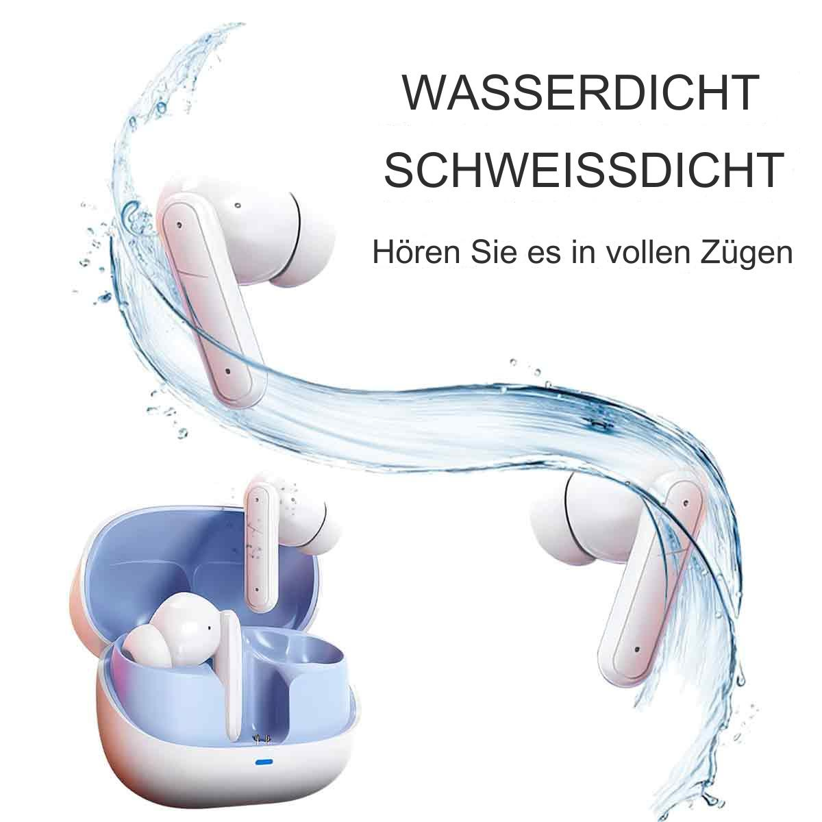 Weiße Ohrhörer mit Ladecase, Wasserspritzeffekt und Text auf Deutsch.