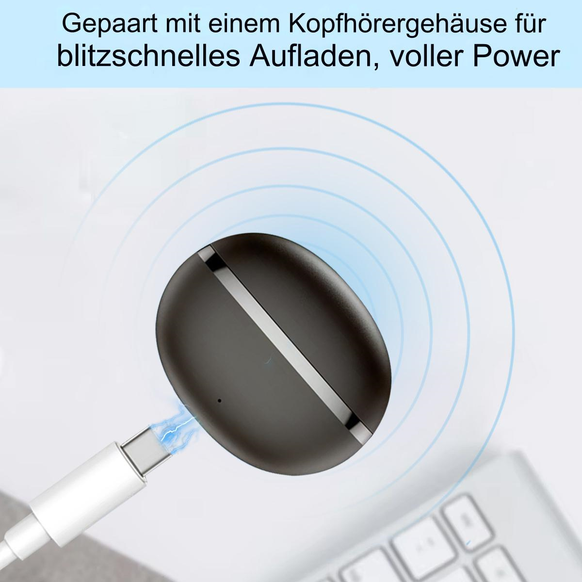 Schwarze kabellose Ohrhörer werden geladen. Ein Ladekabel und eine blaue Energielinie sind vorhanden.