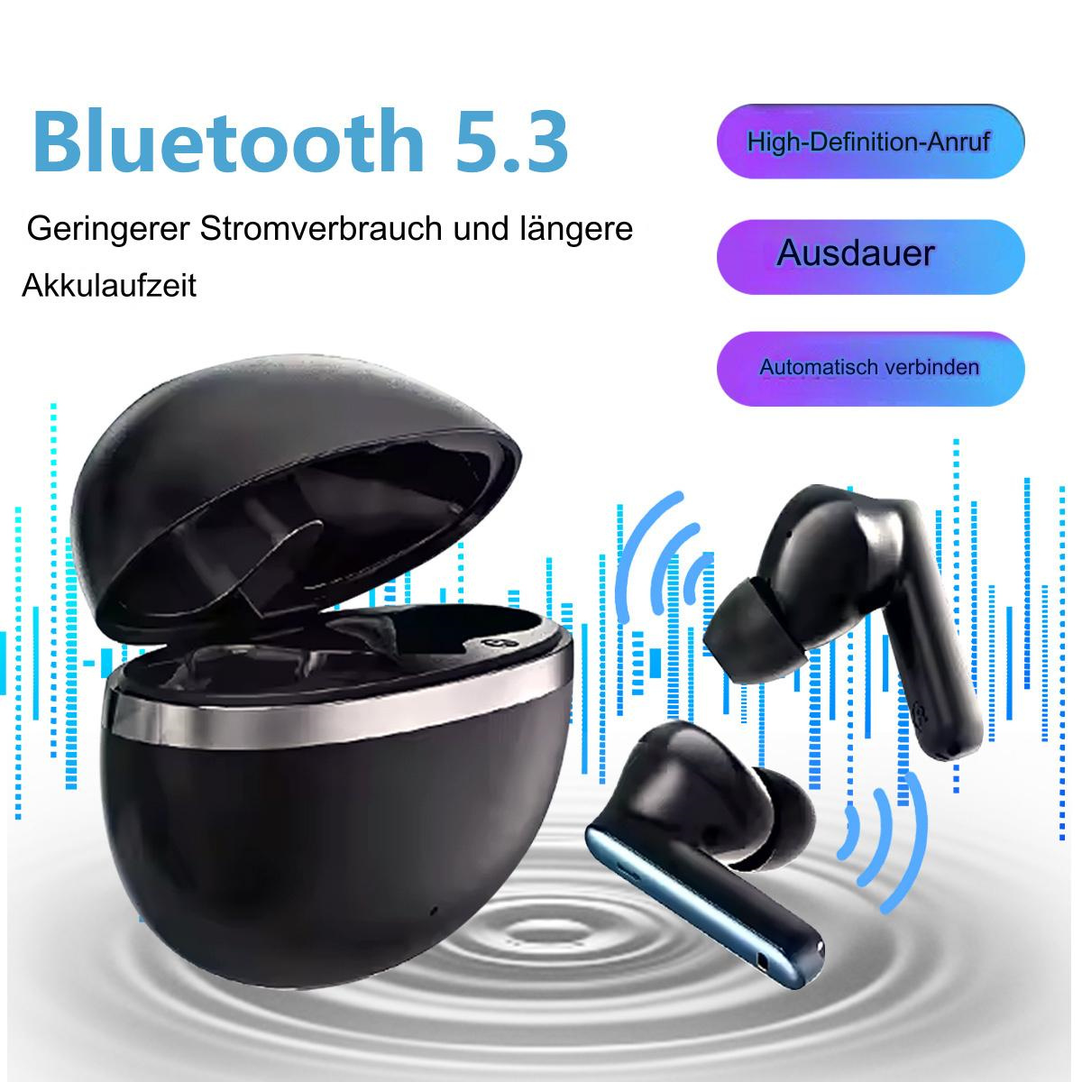 Schwarze Ohrhörer in einem Ladecase, mit zwei separaten Ohrhörern. Der Text enthält Bluetooth 5.3 und andere Funktionen.