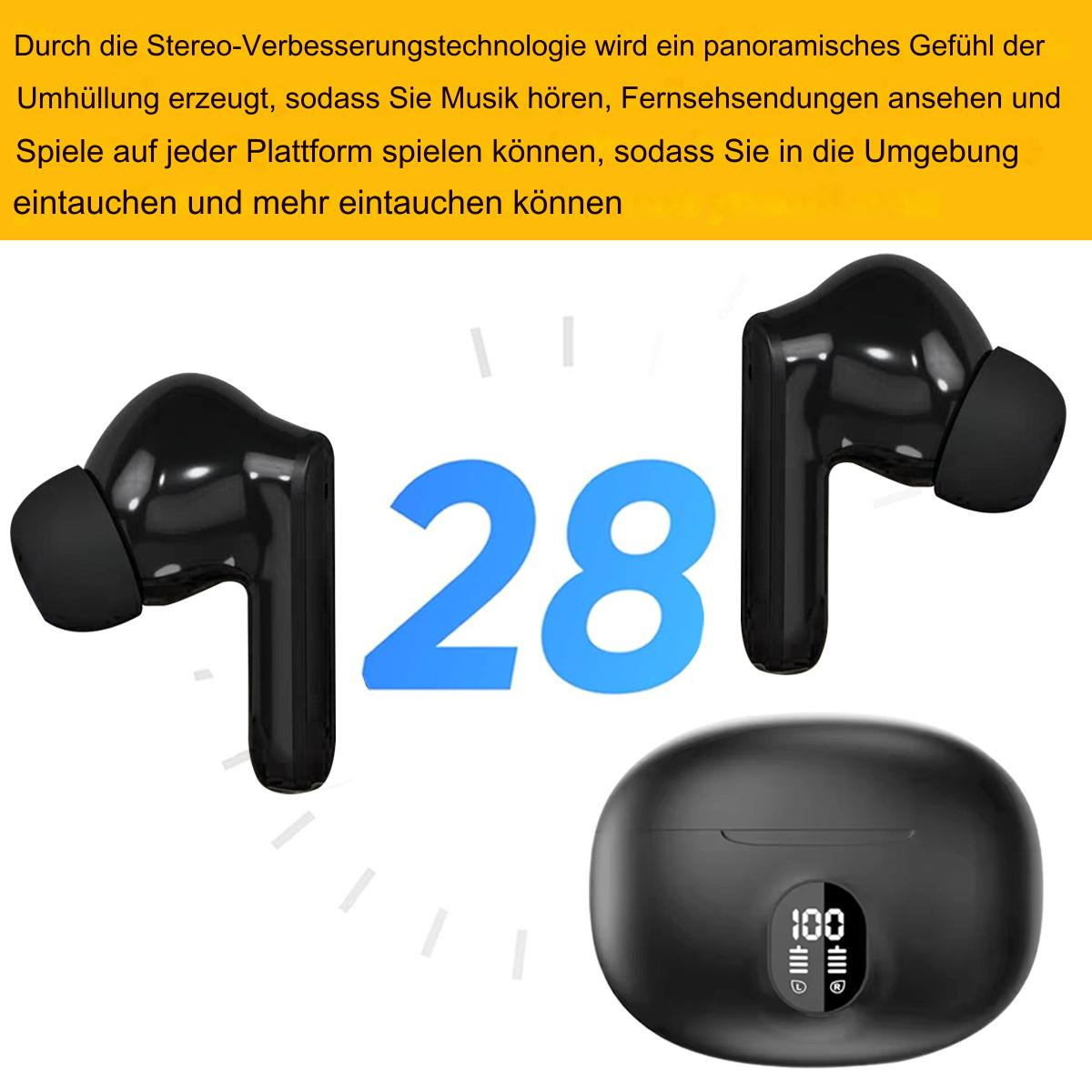 Zwei schwarze kabellose Ohrhörer und ein schwarzes Ladeetui mit digitaler Anzeige, die 100 % Akku anzeigt.