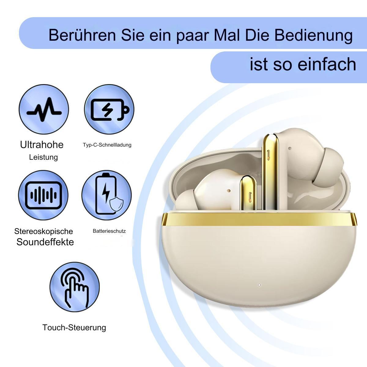 Ein weißes Kopfhörergehäuse. Symbole zu Funktionen. Kabellose Ohrhörer im Gehäuse.