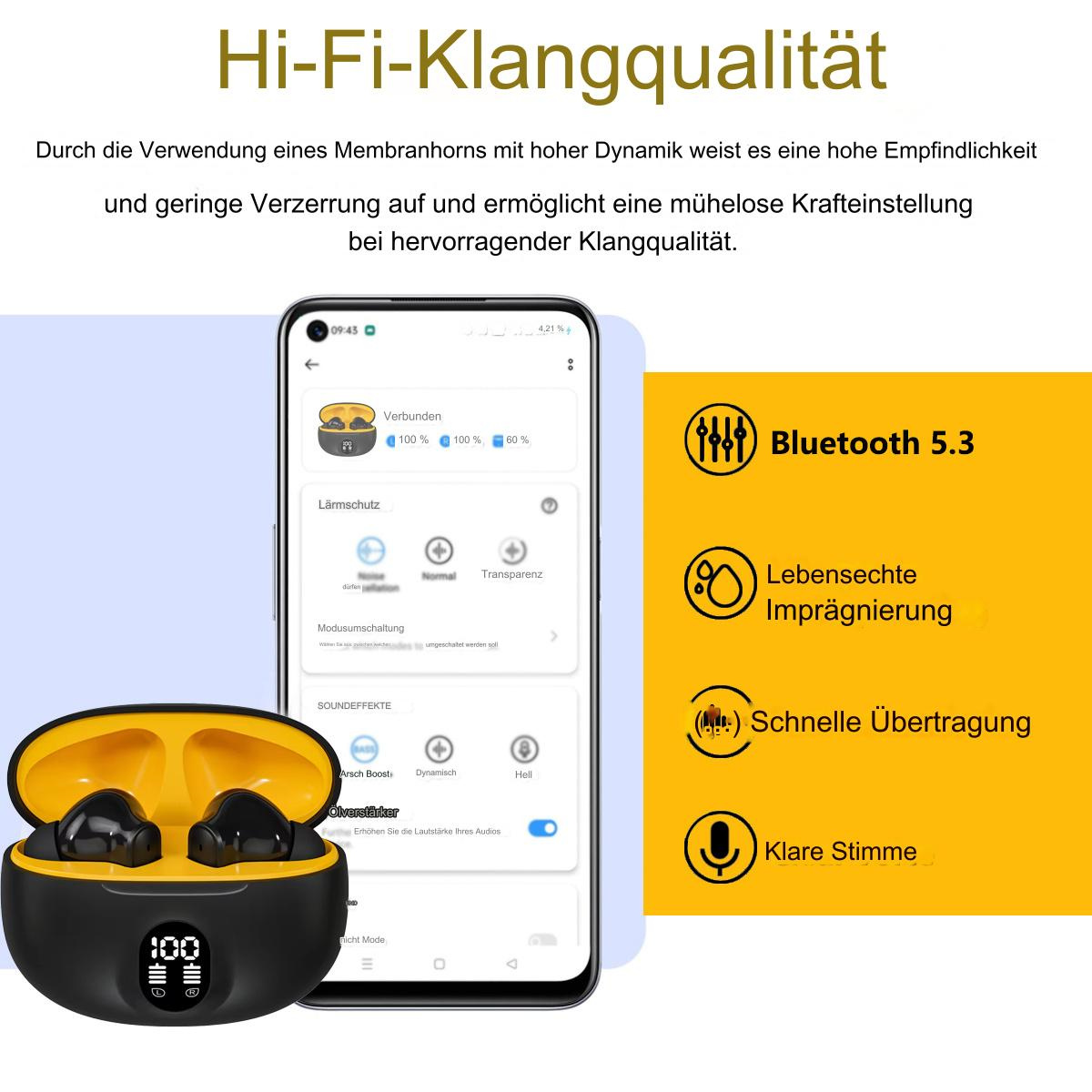 Ein Paar schwarz-gelbe Ohrhörer mit Ladecase und Telefonbildschirm.