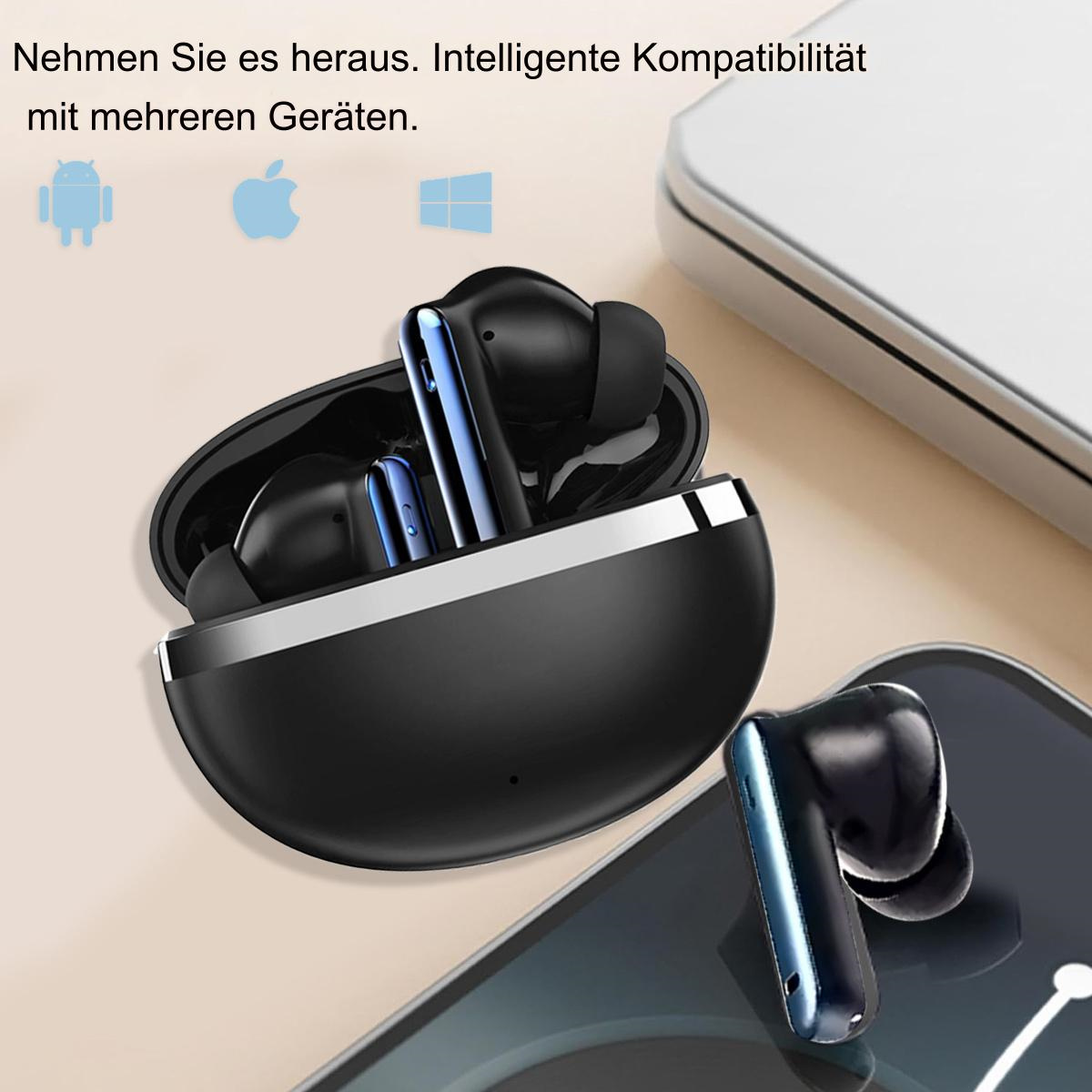 Ohrhörer in einer Ladebox, ein Telefon und Symbole für Android, Apple und Windows sind sichtbar.