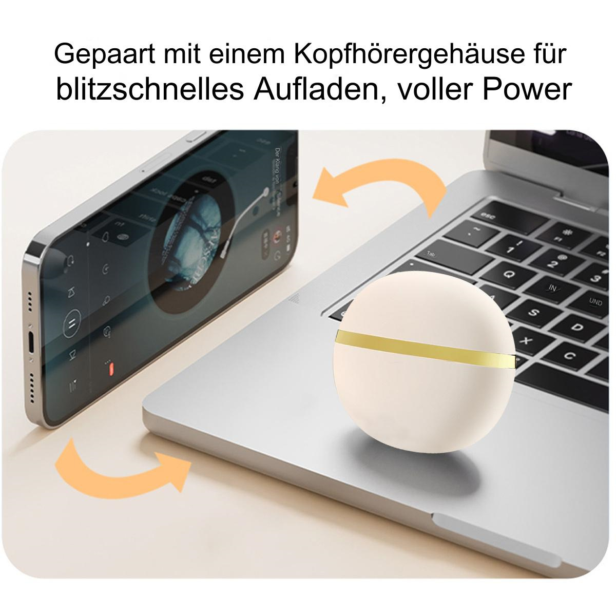 Ein Telefon, das auf einem Laptop geladen wird. Neben dem Laptop befindet sich ein weißes Ladegerät. Pfeile zeigen das Laden an.