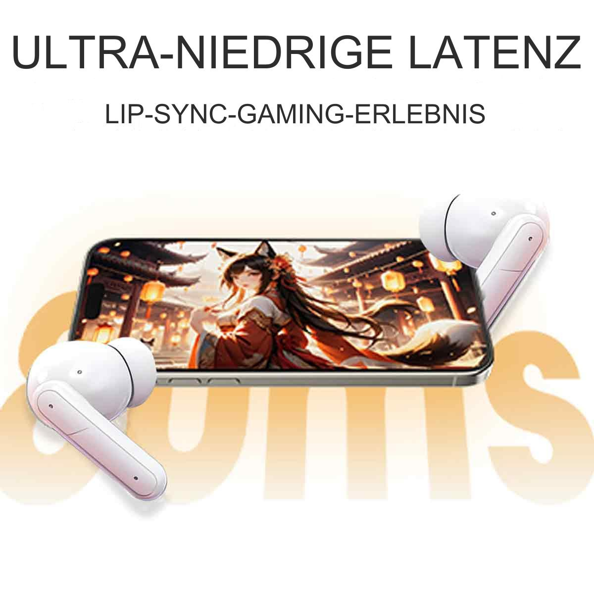Weiße Ohrhörer und ein Telefon mit einer Anime-Szene, mit Wörtern über geringe Latenz.