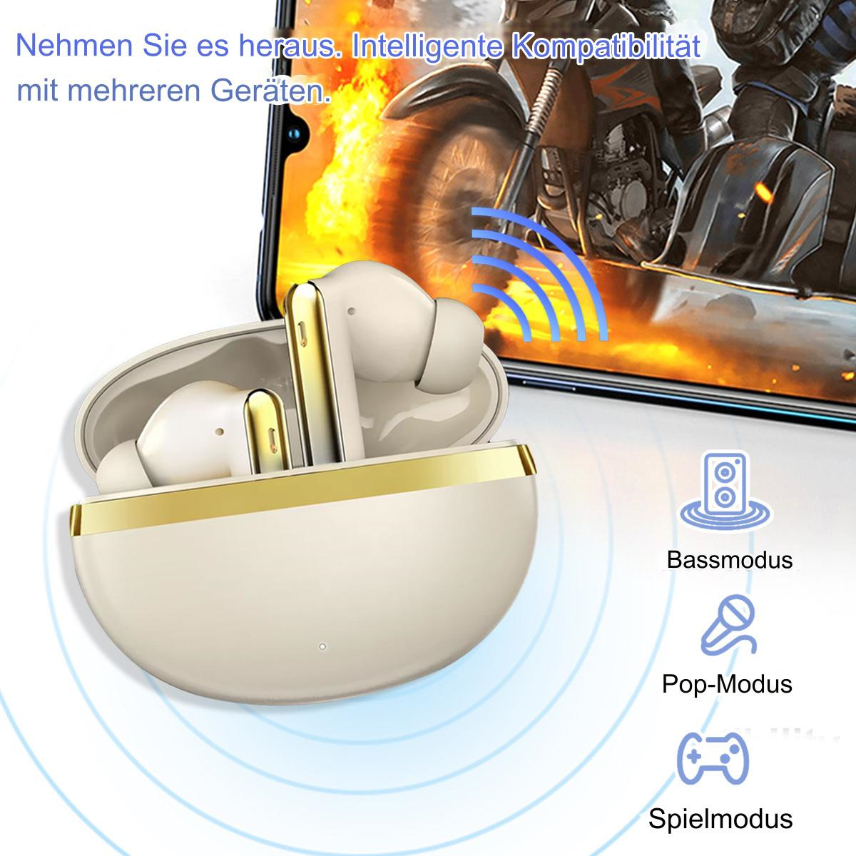 Weiße Ohrhörer in einem Etui, ein Telefon mit einem Motorradrennen und Modus-Icons.