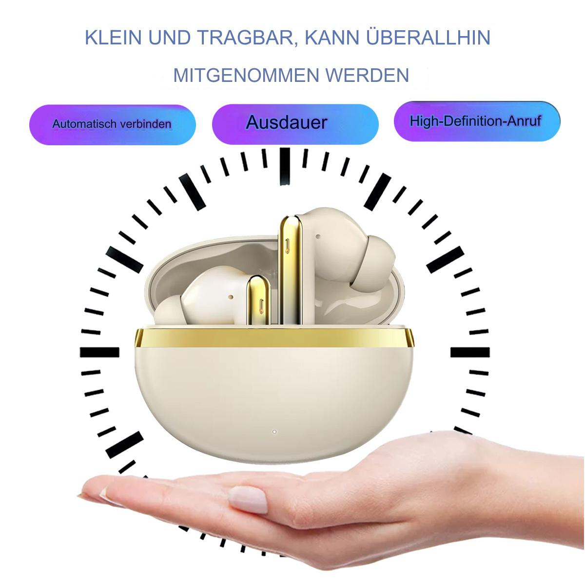 Kabellose Ohrhörer in weißem Etui, Text auf Deutsch. Hand hält das Etui.