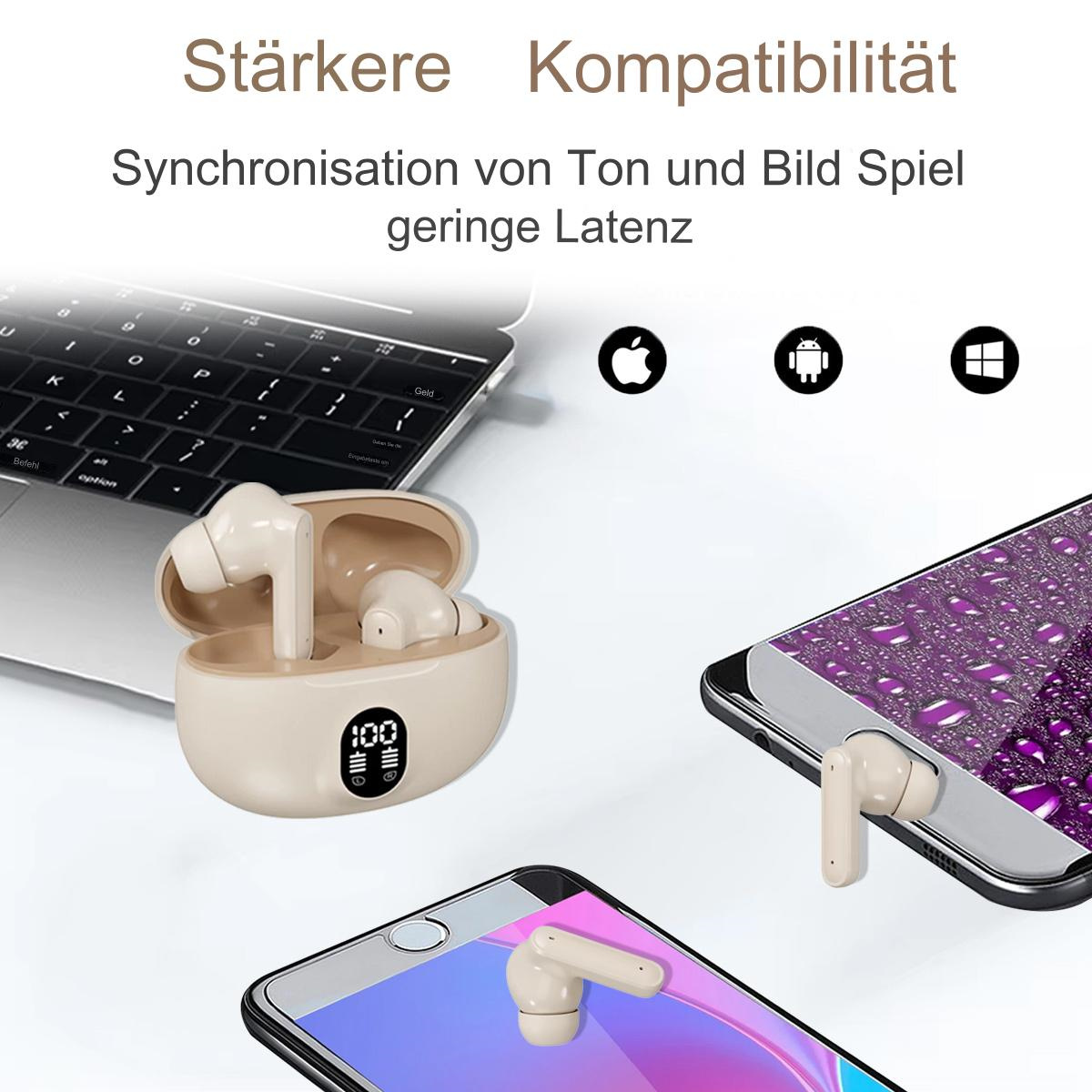 Kabellose Ohrhörer in Ladecase, mit Telefon und Laptop, alles beige.